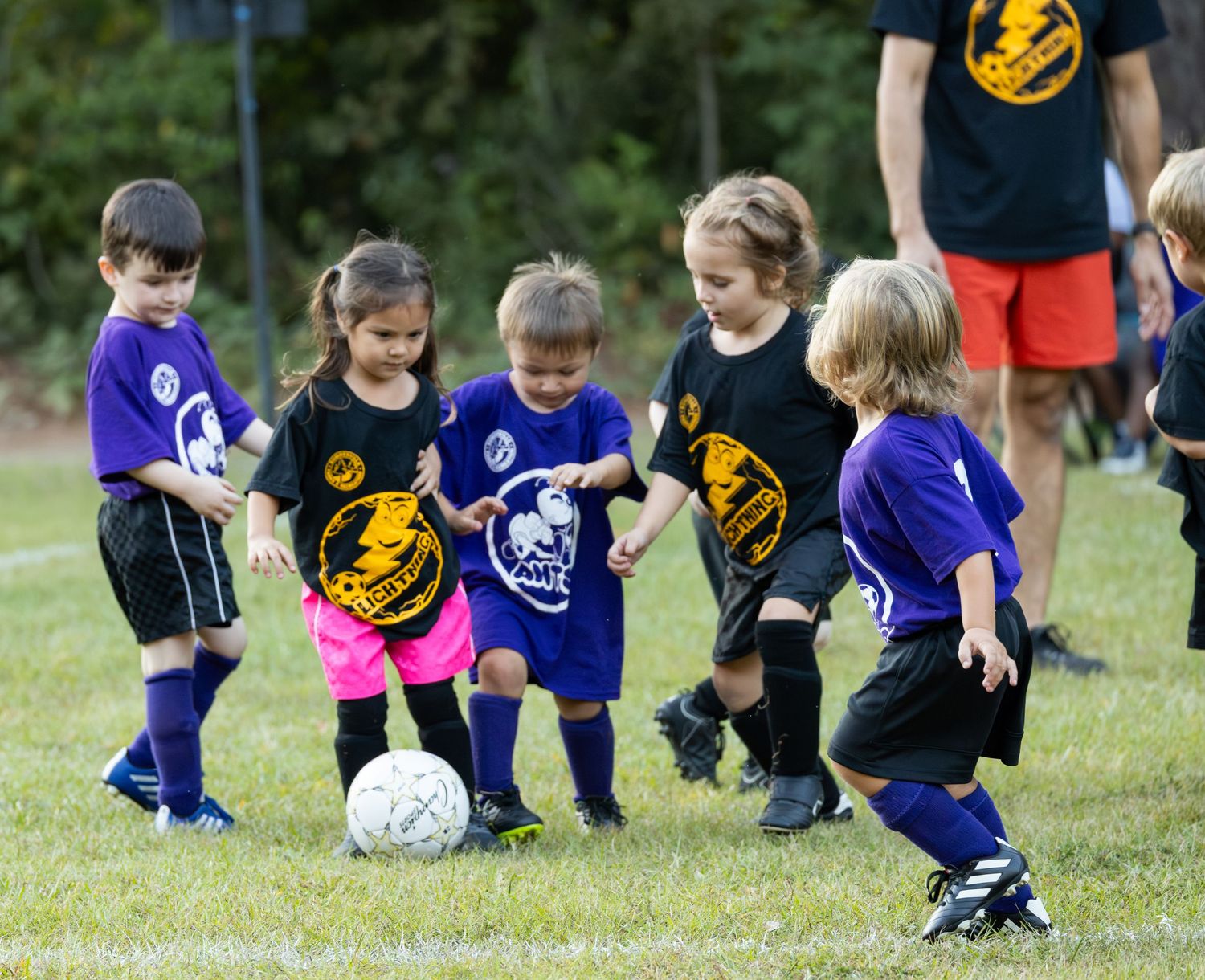 Young soccer players chasing after balls during practice on a grass field.