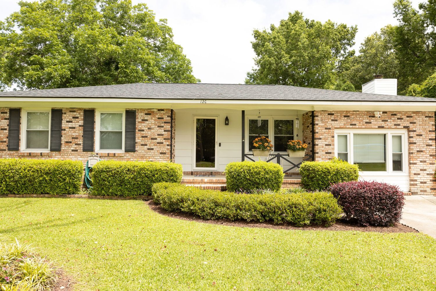 Wide angle shot of a ranch-style home with green landscaping and paved driveway.