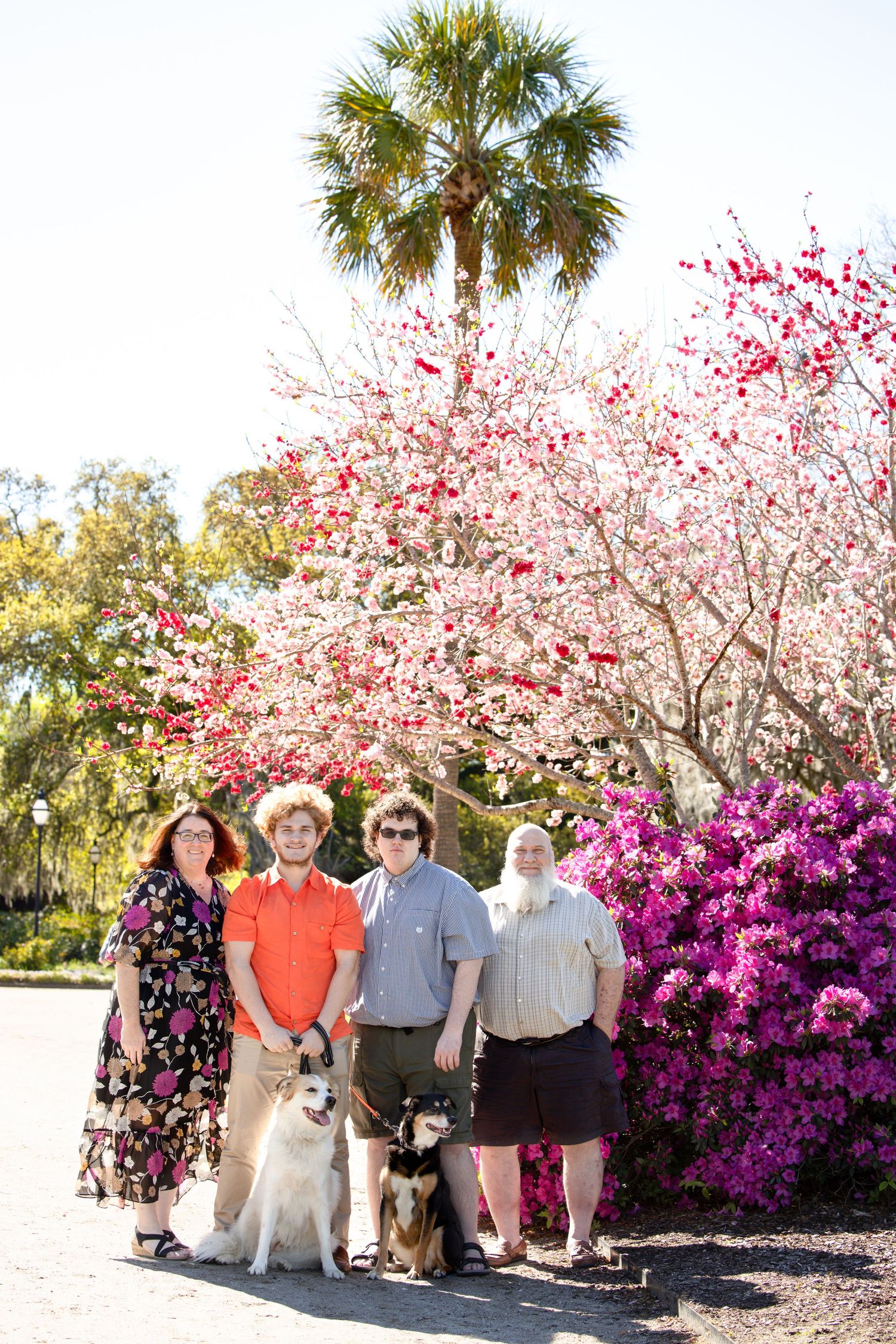 Group photo taken in front of blooming pink cherry blossoms and purple azalea bushes in a garden setting.