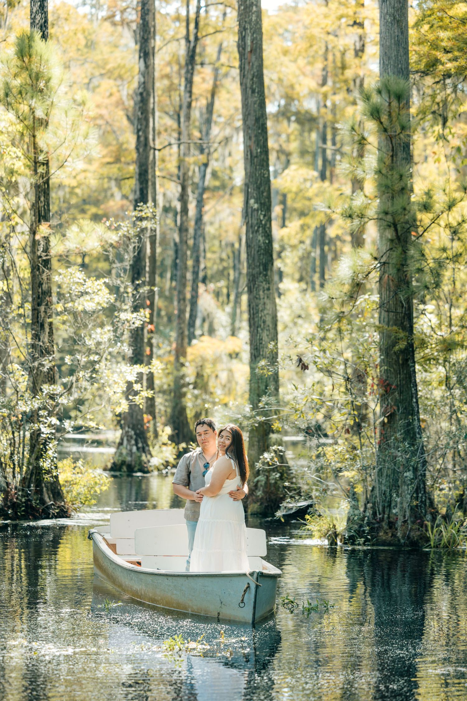 Scenic engagement photos captured in a serene cypress swamp with golden sunlight.