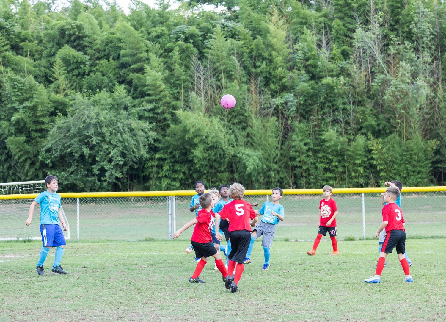 Youth soccer match in progress with players in red and blue jerseys on field.