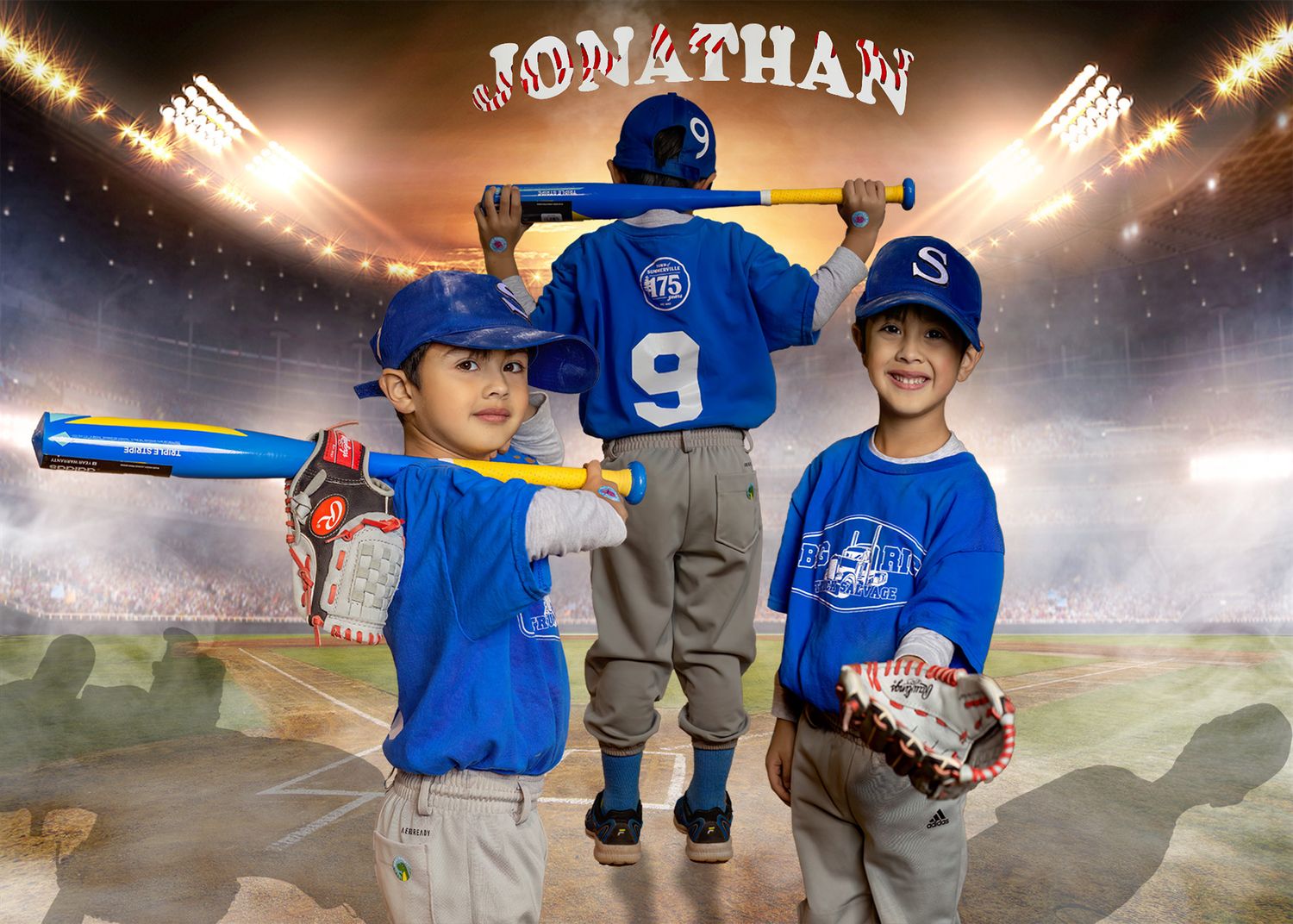 Baseball team photo collage with dramatic lighting and stadium effects.
