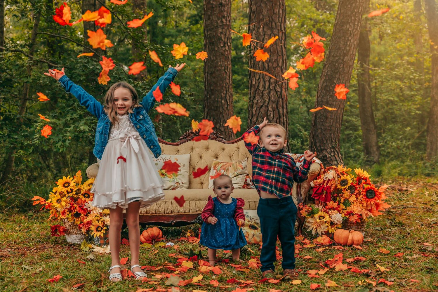 Orange maple leaves and pumpkins create a cozy fall photo setting in the woods.