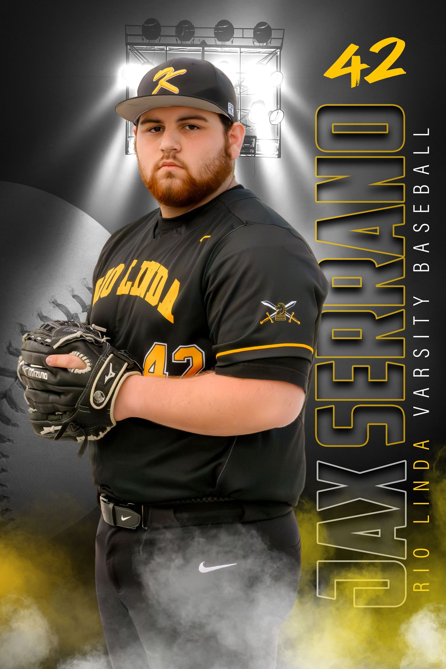 Baseball players in black and gold uniforms posing dramatically with number 42 and smoke effects.
