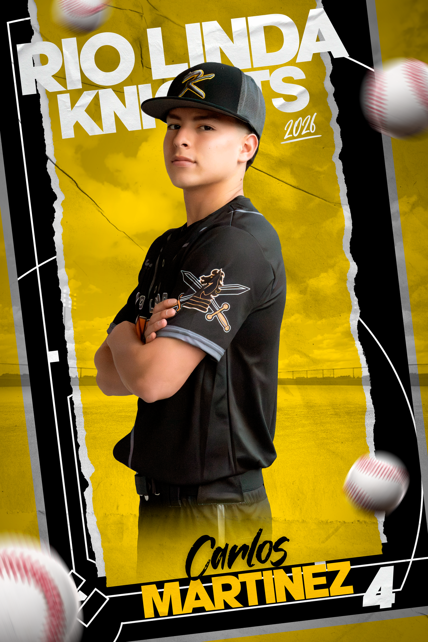 Carlos Martinez #4 Rio Linda Knights 2026 baseball player posing in black uniform with arms crossed.