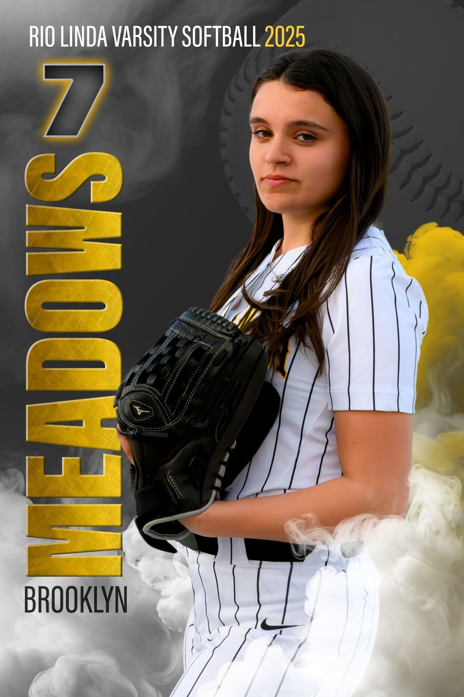 Softball player in pinstripe uniform holding glove in dramatic athletic sports photo composite with gold text.
