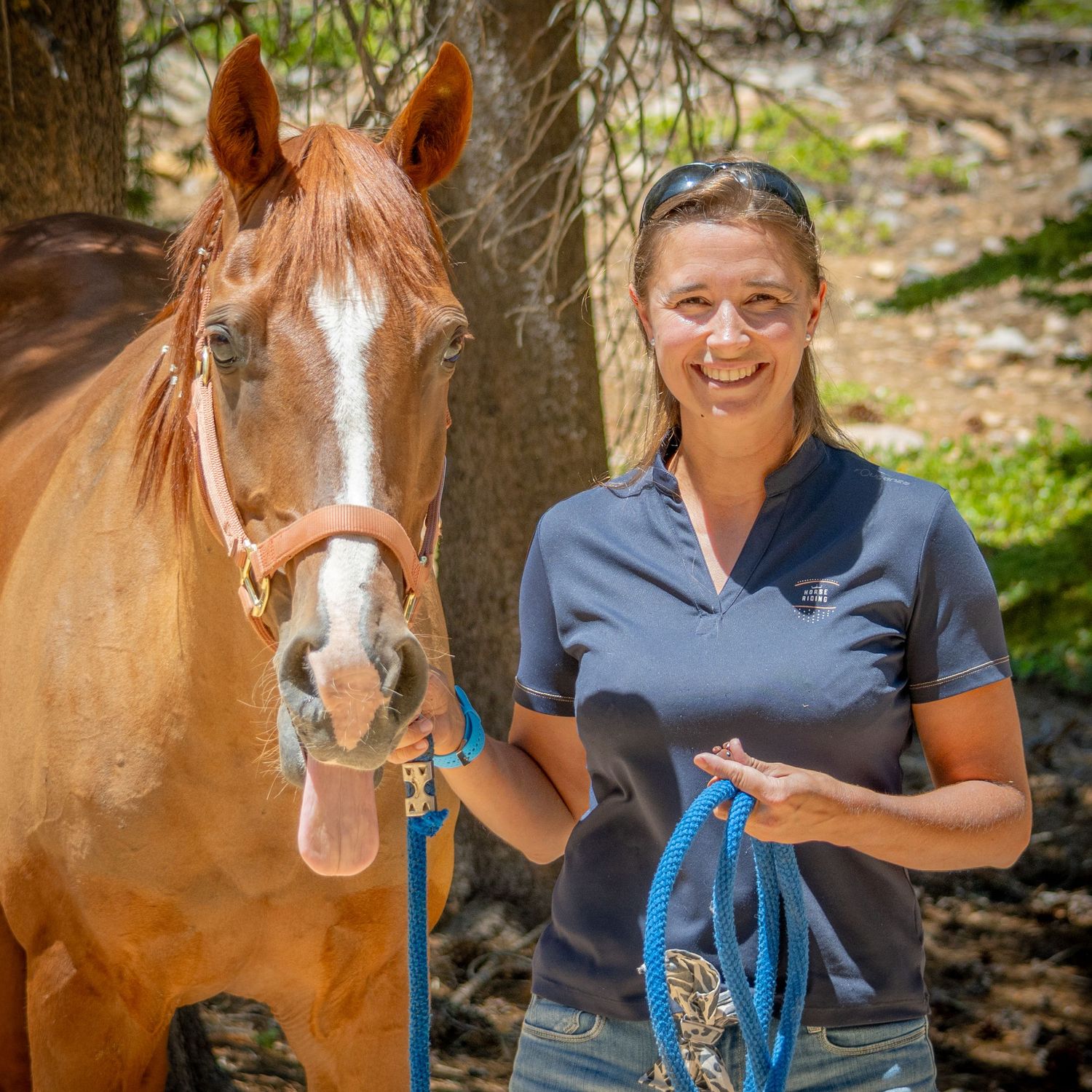 Brown and white horses pose with handlers outdoors against a natural backdrop.