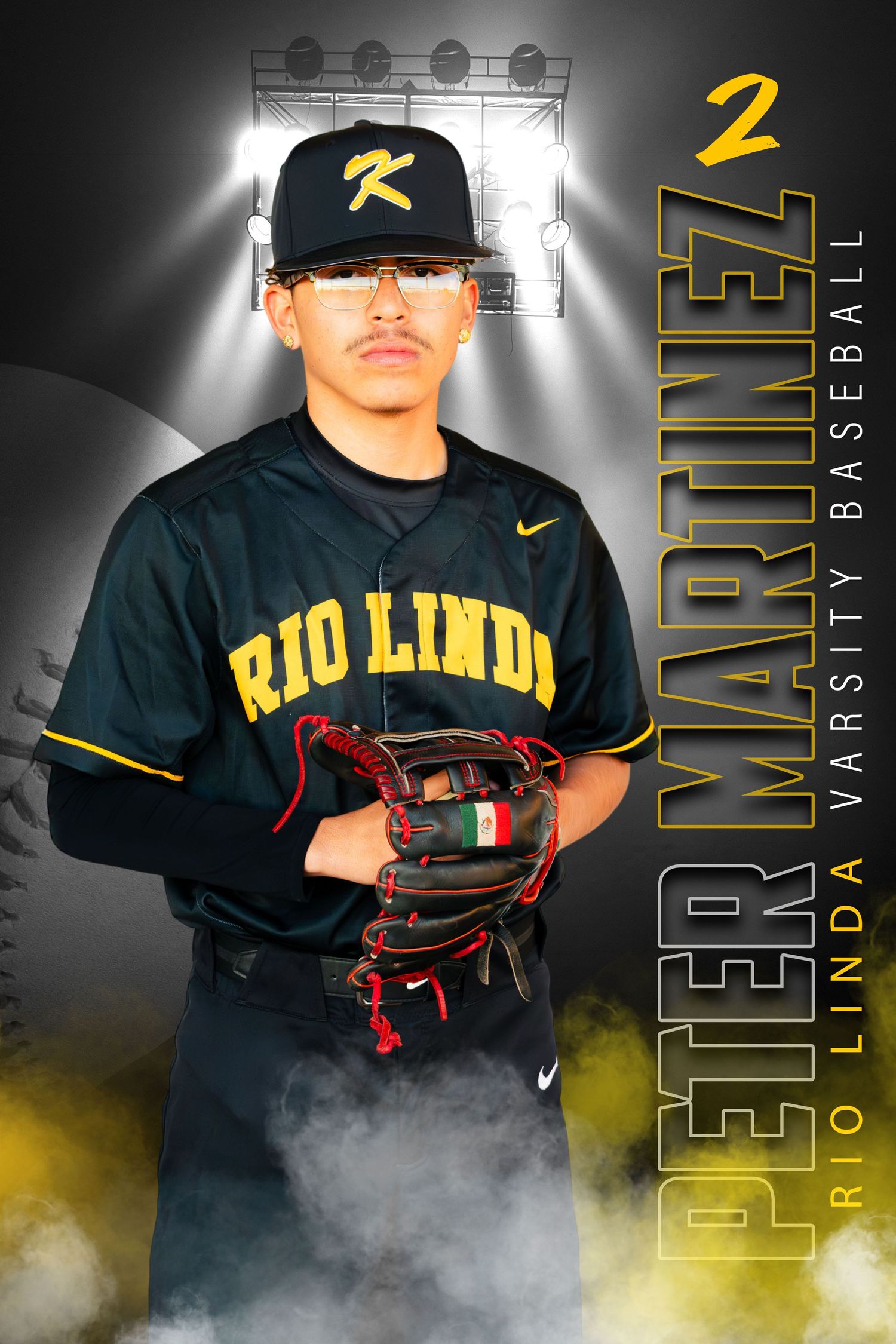 Baseball player portrait with number 2 showing glove stance against dramatic lighting.