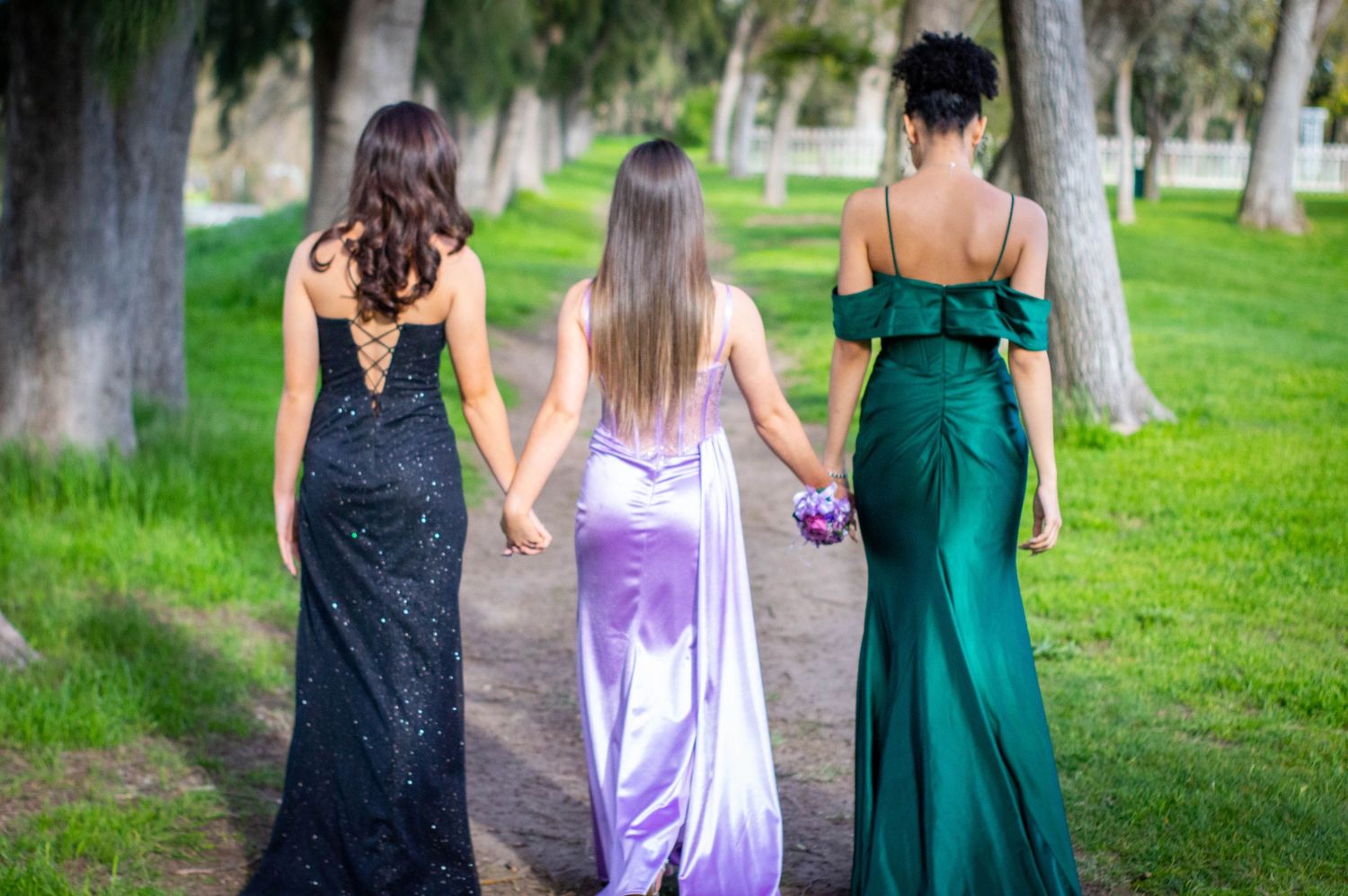 Group walking together wearing formal dresses in purple, black and green.