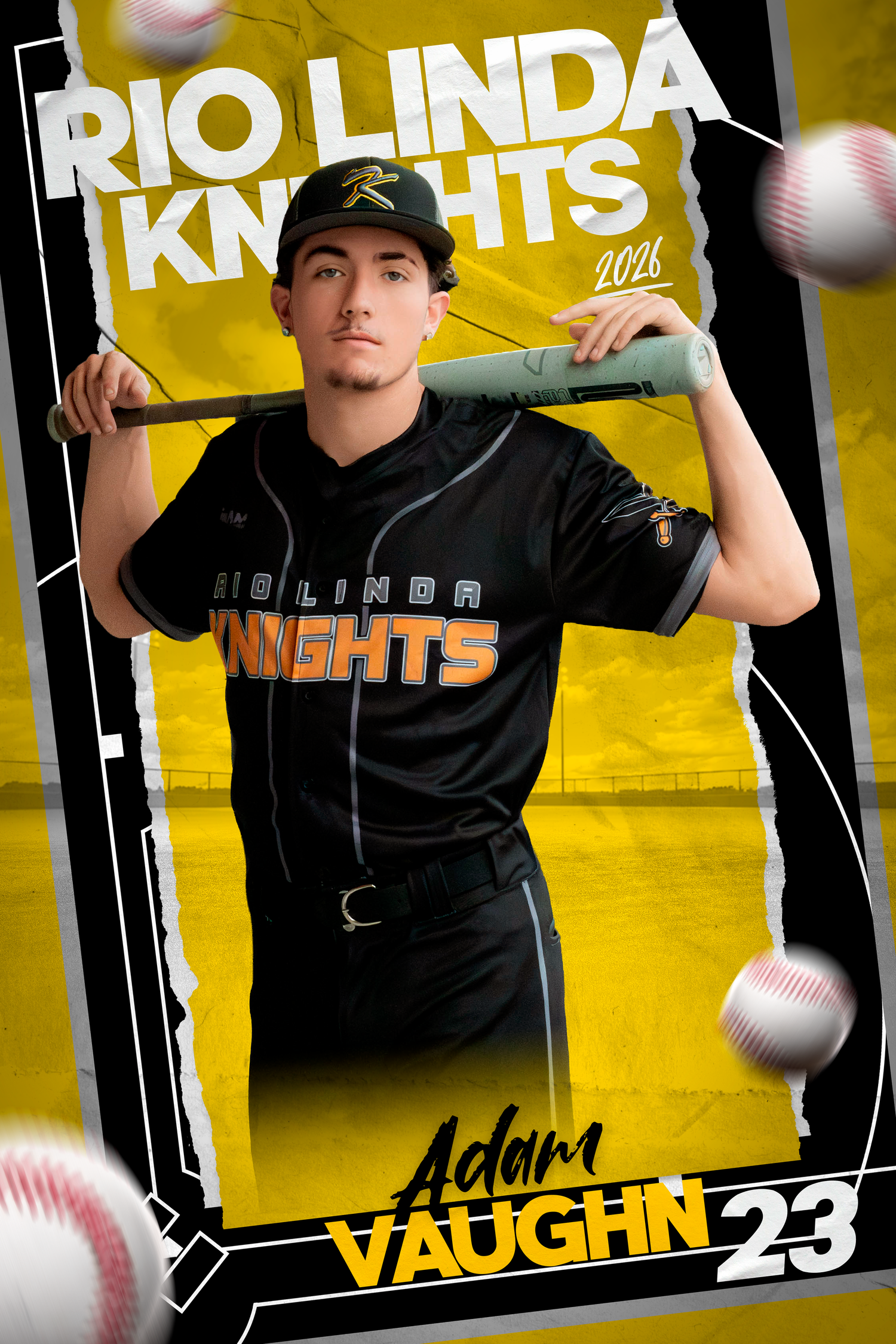 Baseball player in black uniform and cap poses against yellow background with floating baseballs and text overlay.