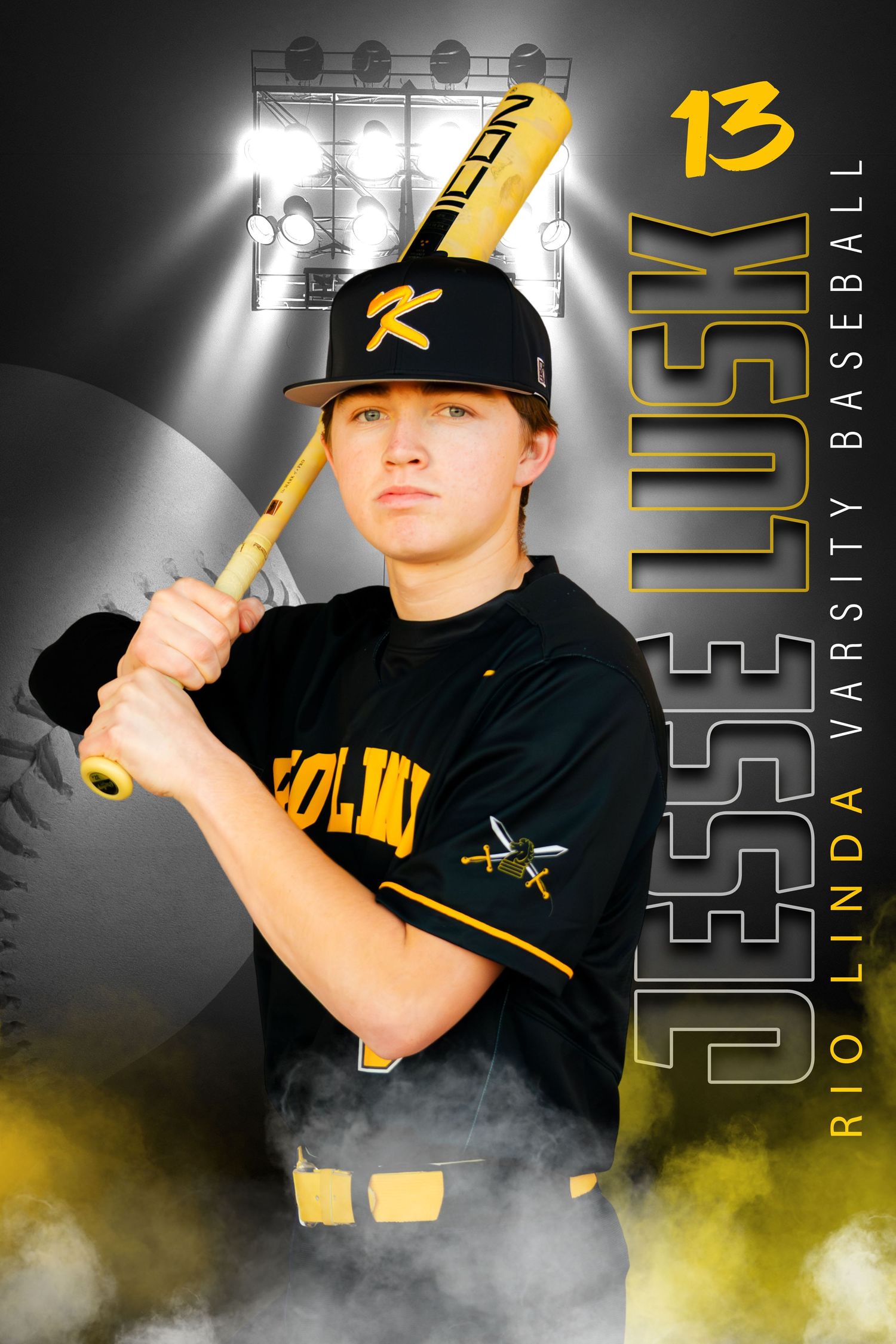 Baseball player sports portrait with uniform number 13 against dark background with yellow smoke effects.