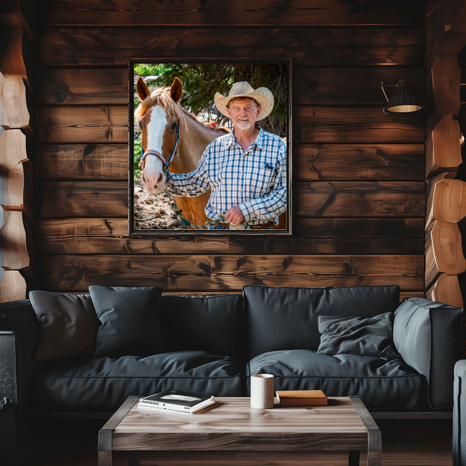 Framed photograph of rustic scene hanging on wooden cabin wall above gray couch and coffee table.