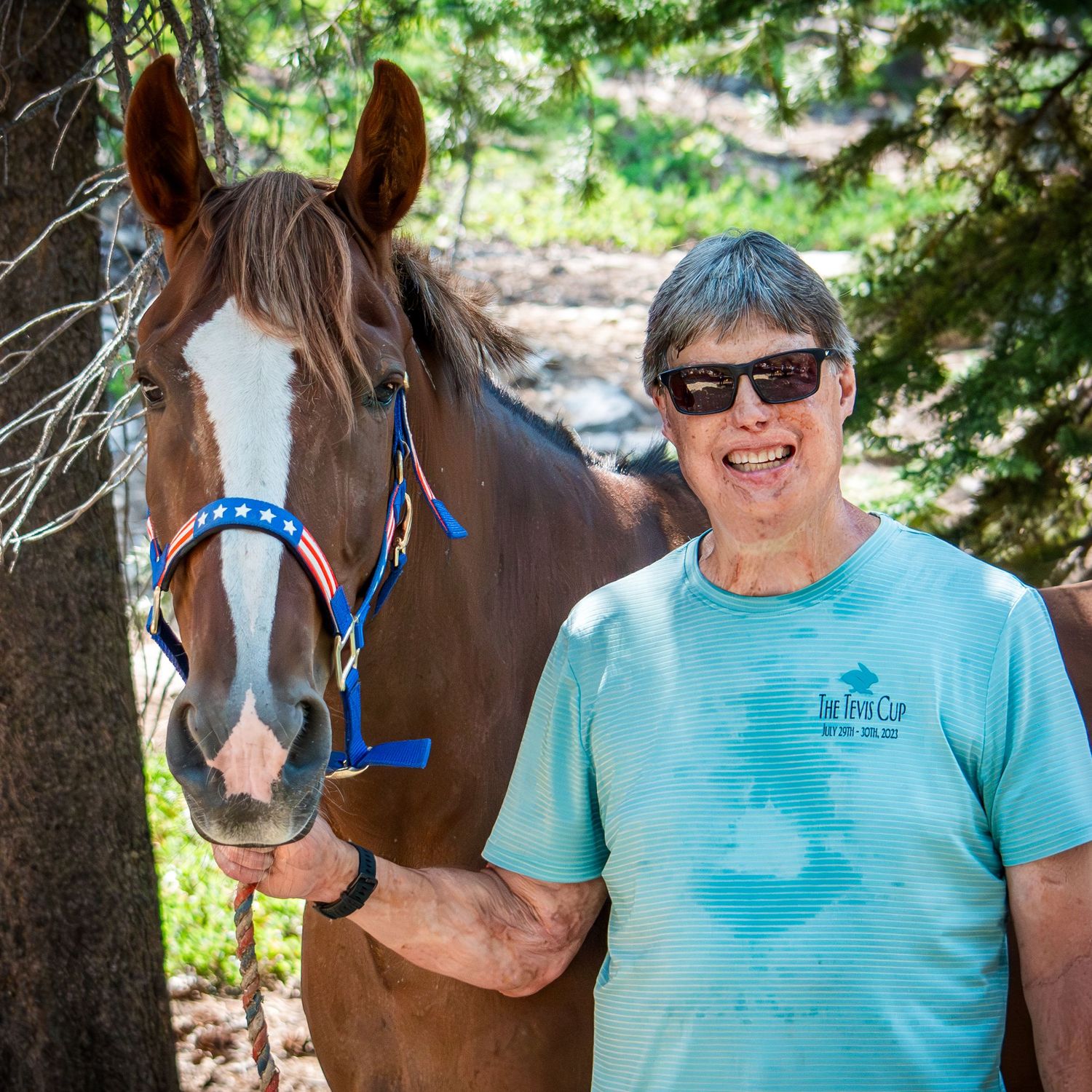 A series of photos showing a brown horse with blue halter and someone in a turquoise shirt against a wooded background.
