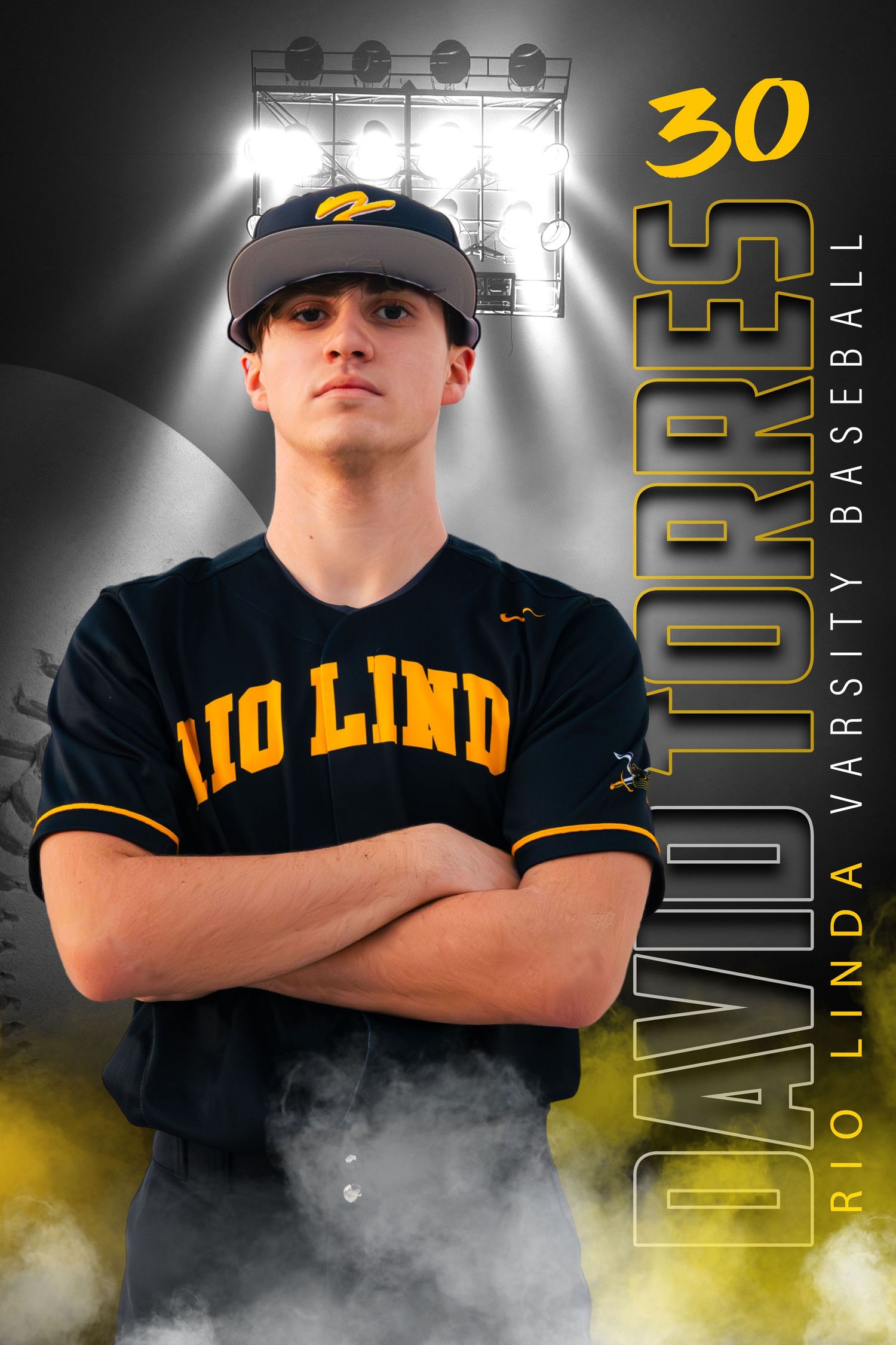 Baseball player portrait with uniform number 30 against dramatic backdrop with yellow smoke effects.