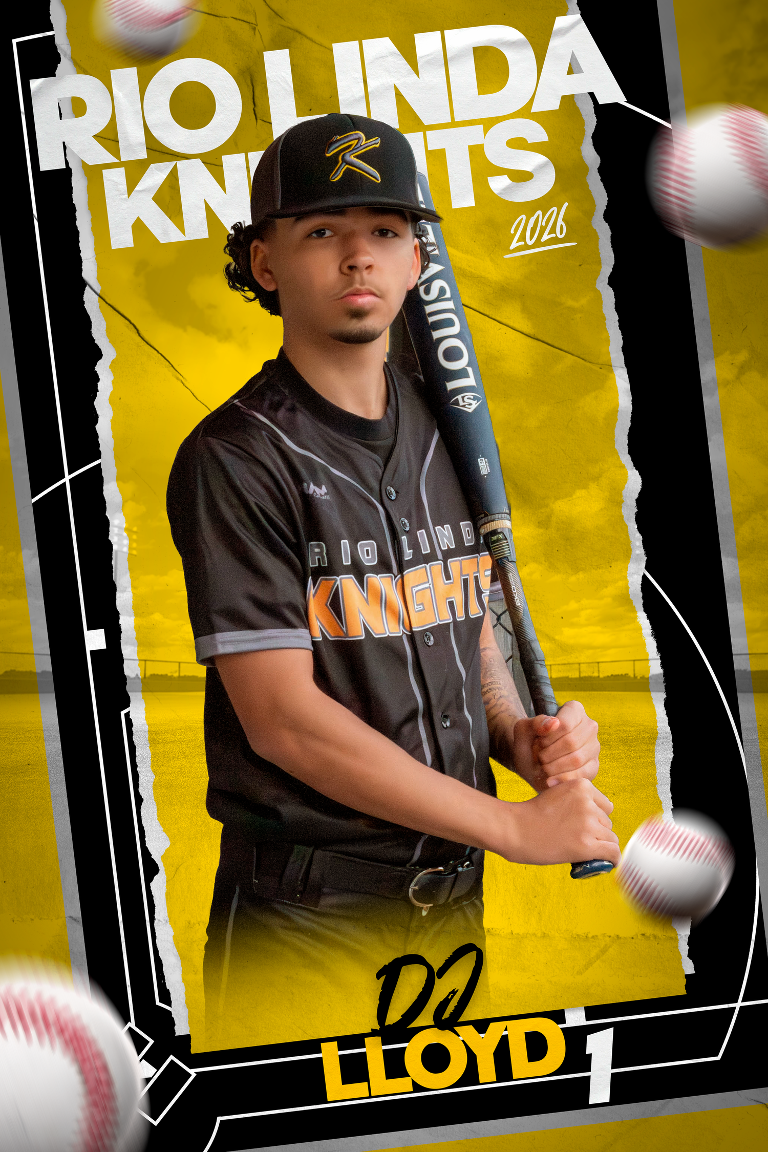 Baseball player in black uniform against yellow background holds baseball in dramatic sports portrait composition.