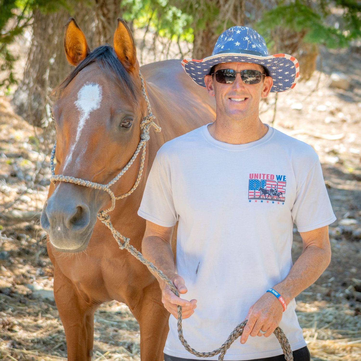 A brown horse with halter stands next to someone in casual summer attire outdoors.