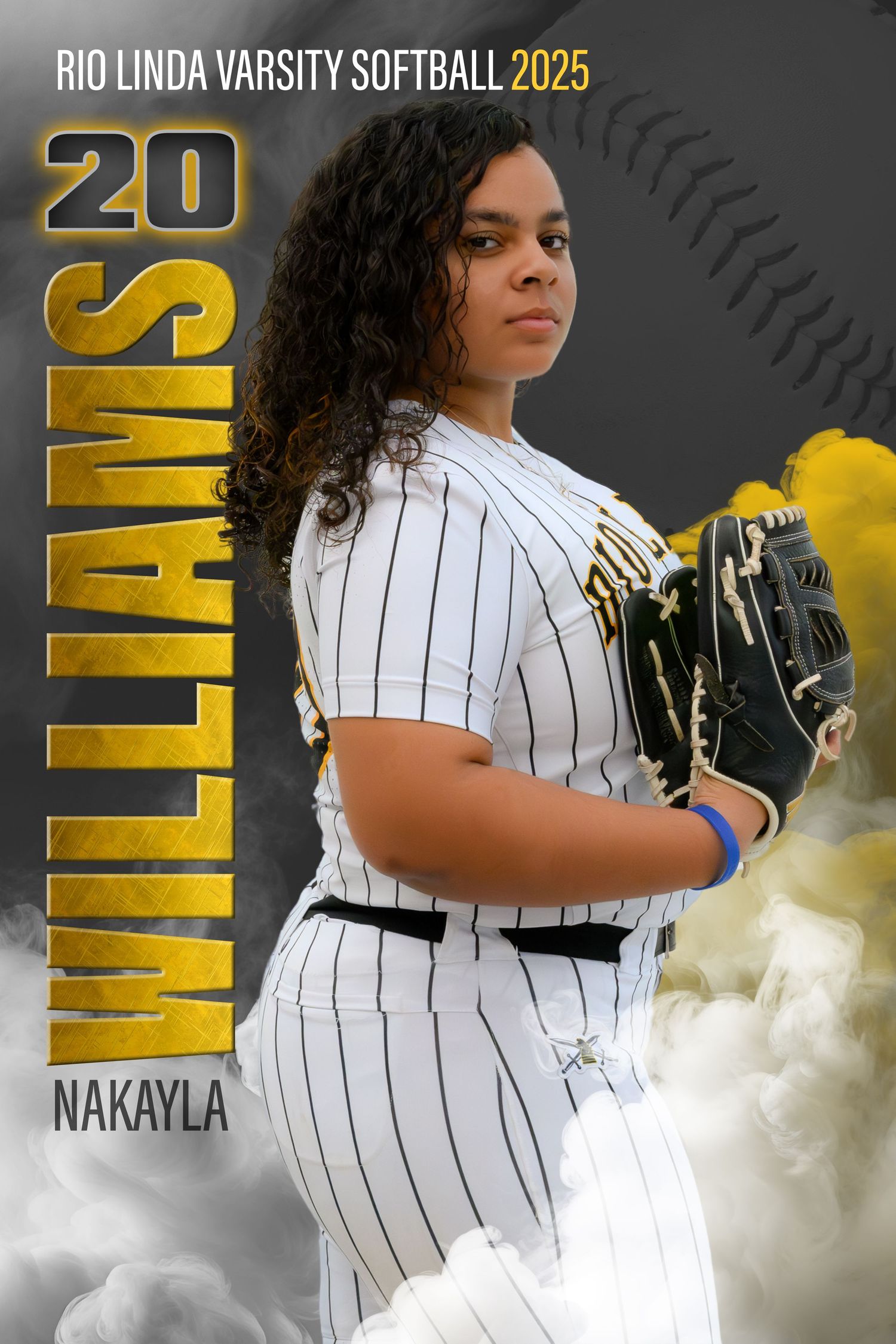 High school varsity softball player in pinstripe uniform posing with glove for team photo.