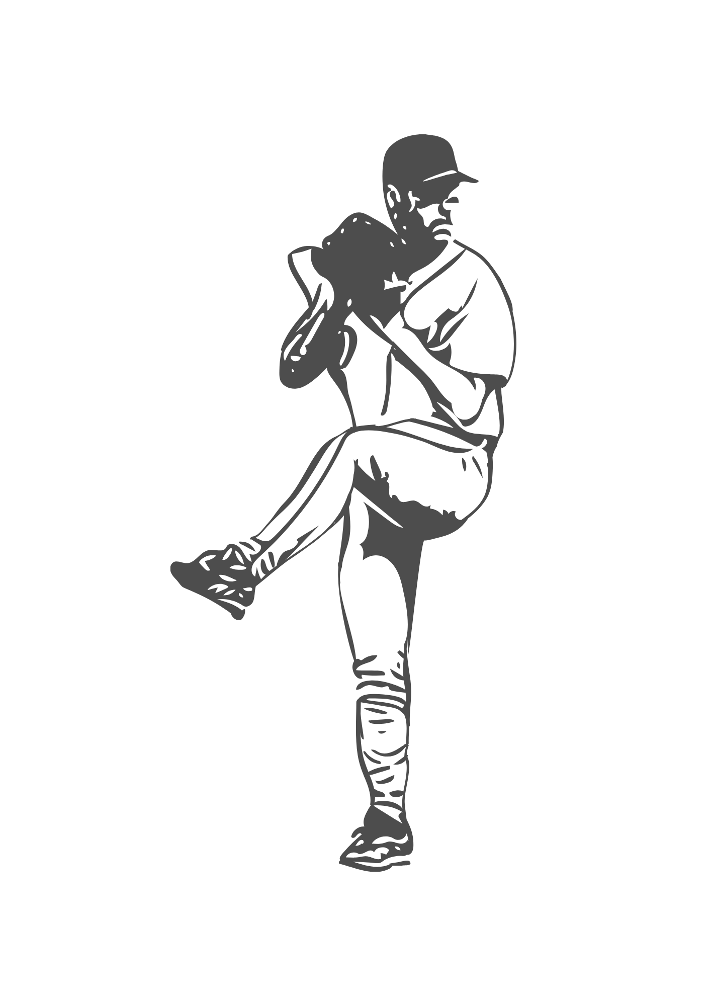 Silhouette sequence showing baseball pitching motion mechanics in black and white illustration.