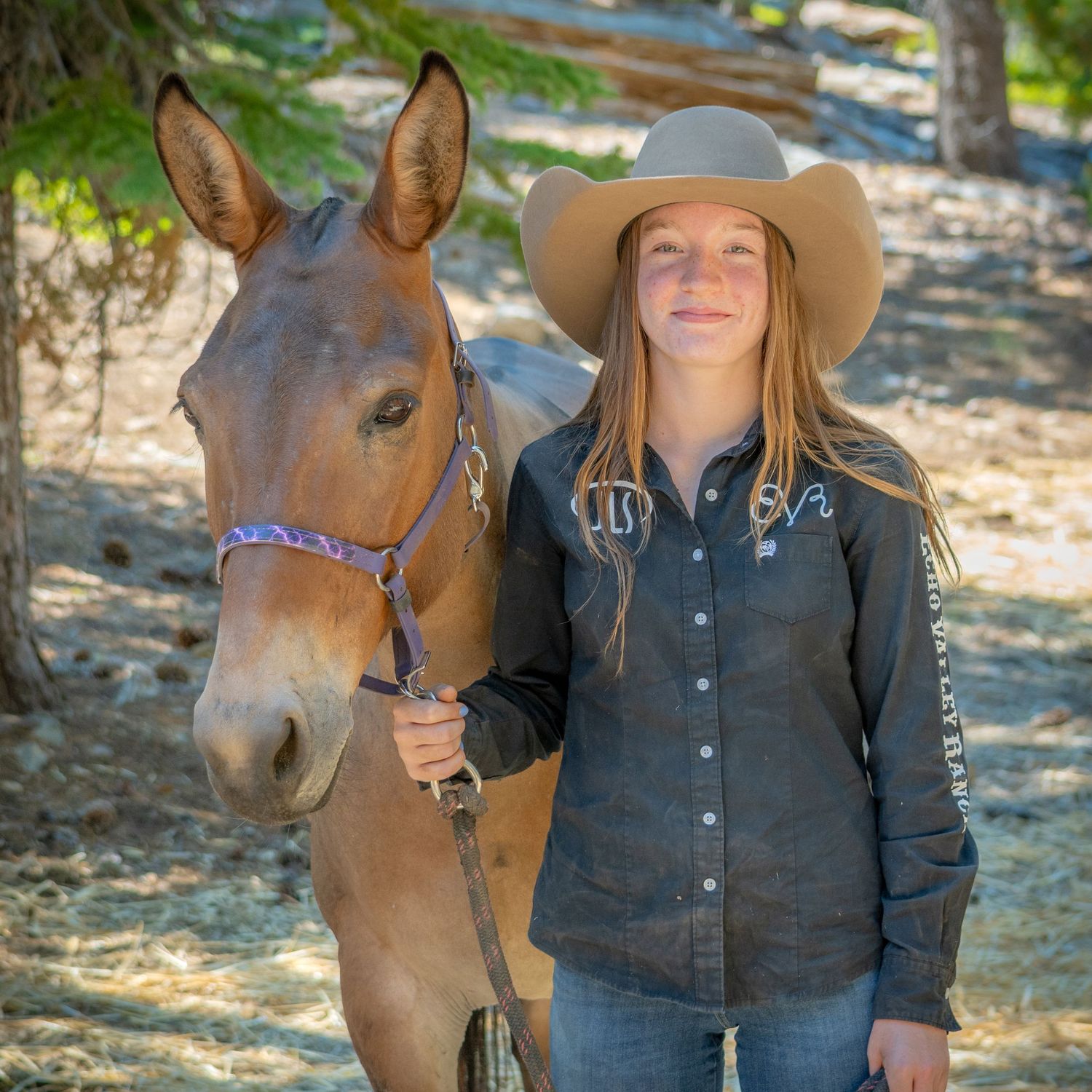 A brown horse stands beside someone in western wear and a wide-brimmed hat.