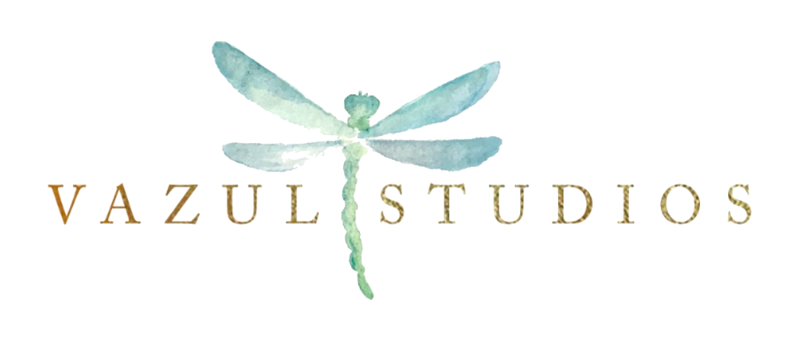 Vazul Studios logo with a white background and a watercolor, blue and green dragonfly.