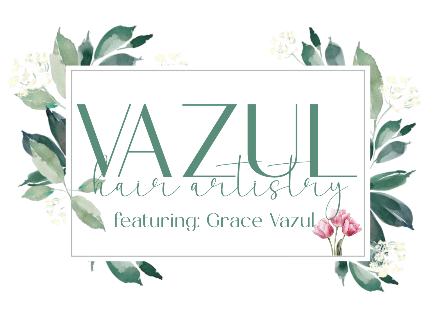 Watercolor botanical banner design featuring Vazul hair artistry branding.
