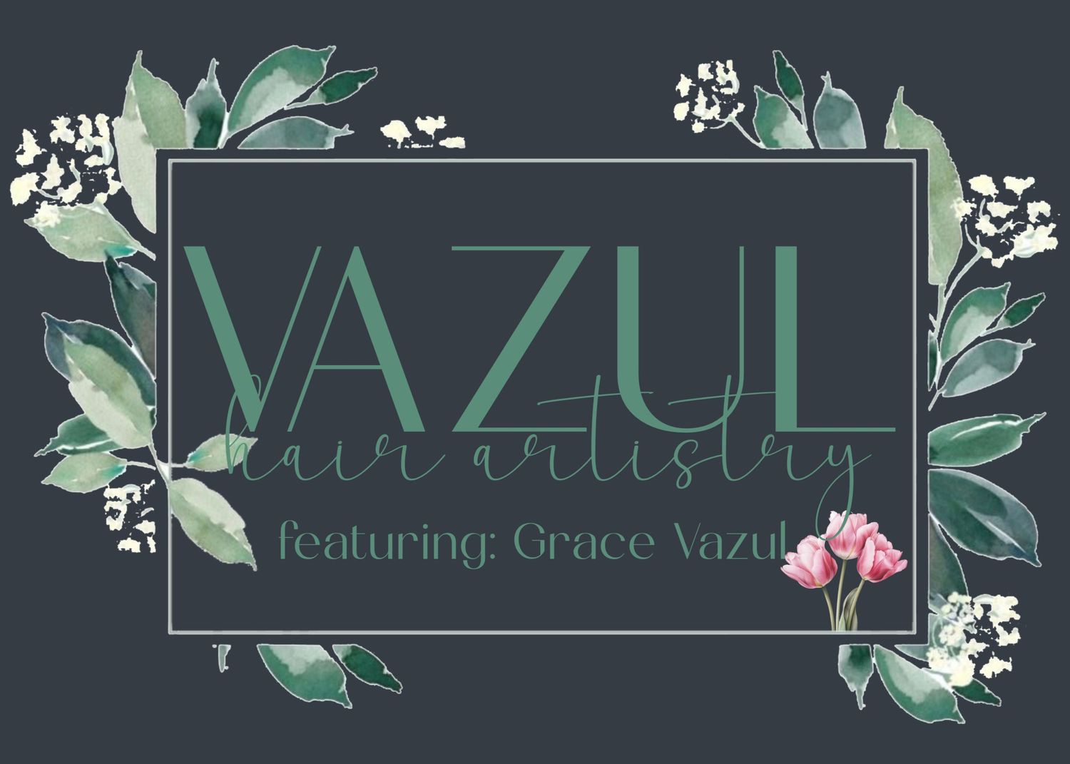 Elegant botanical banner design for Vazul hair artistry on dark background.