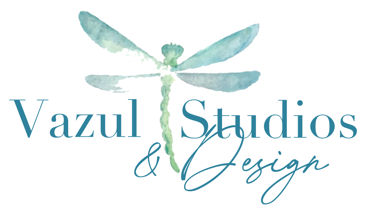 Vazul Studios & Design logo with a white background and a watercolor, blue and green dragonfly.