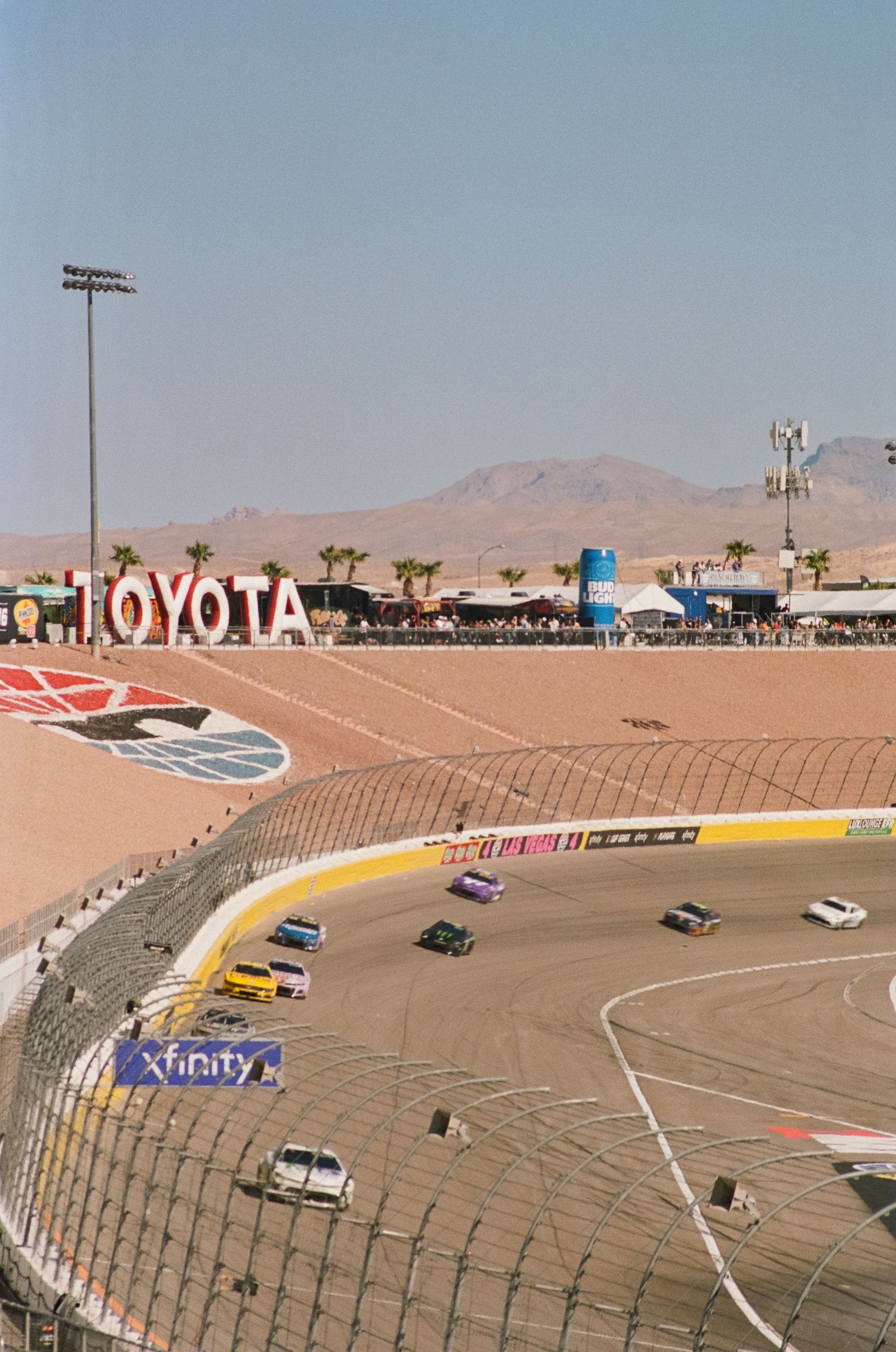 A 35mm film photo from a NASCAR race at Las Vegas Motor Speedway in 2024.