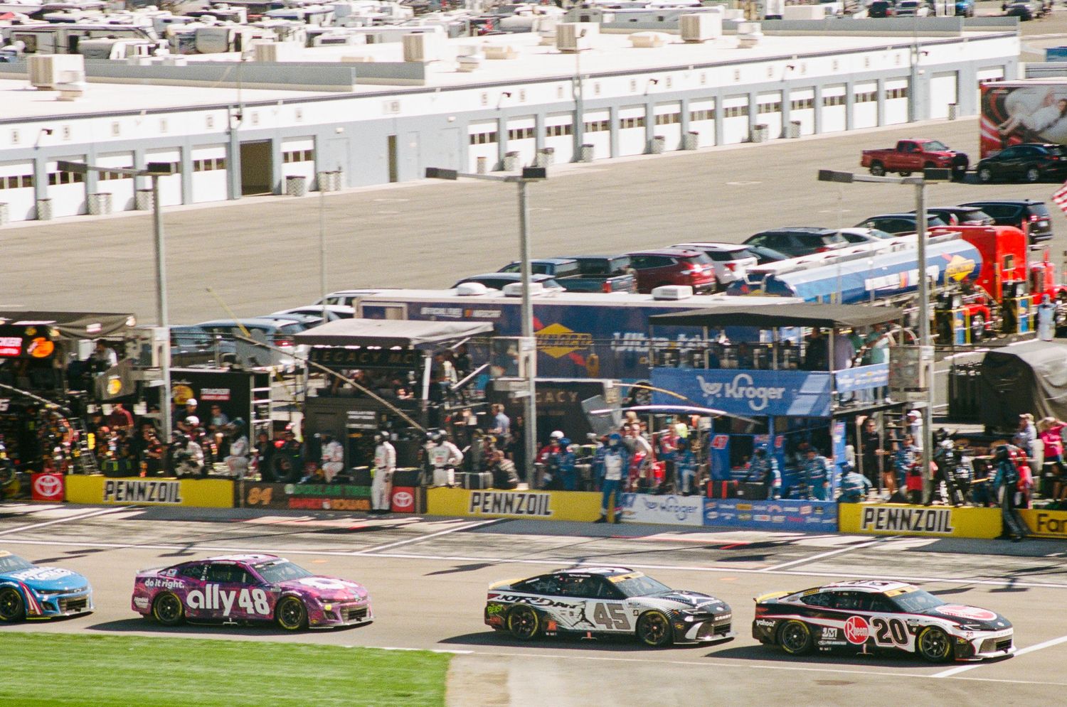A 35mm film photo from a NASCAR race at Las Vegas Motor Speedway in 2024.