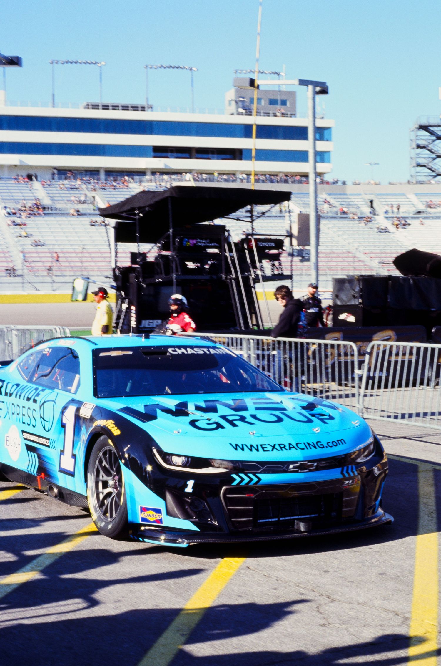 A 35mm film photo from a NASCAR race at Las Vegas Motor Speedway in 2024.