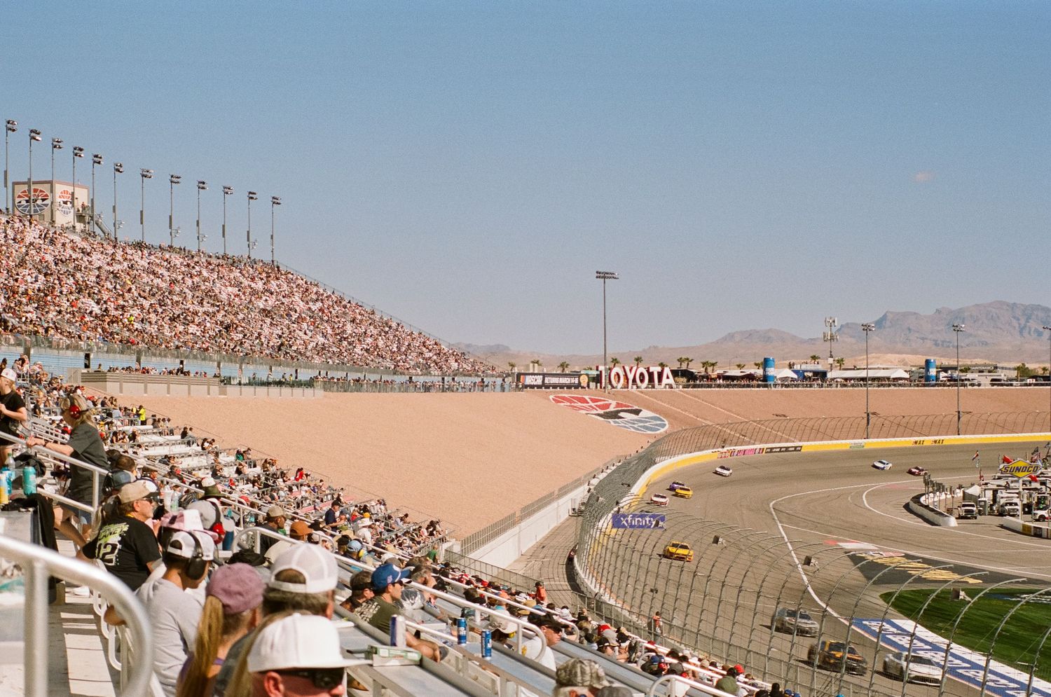 A 35mm film photo from a NASCAR race at Las Vegas Motor Speedway in 2024.