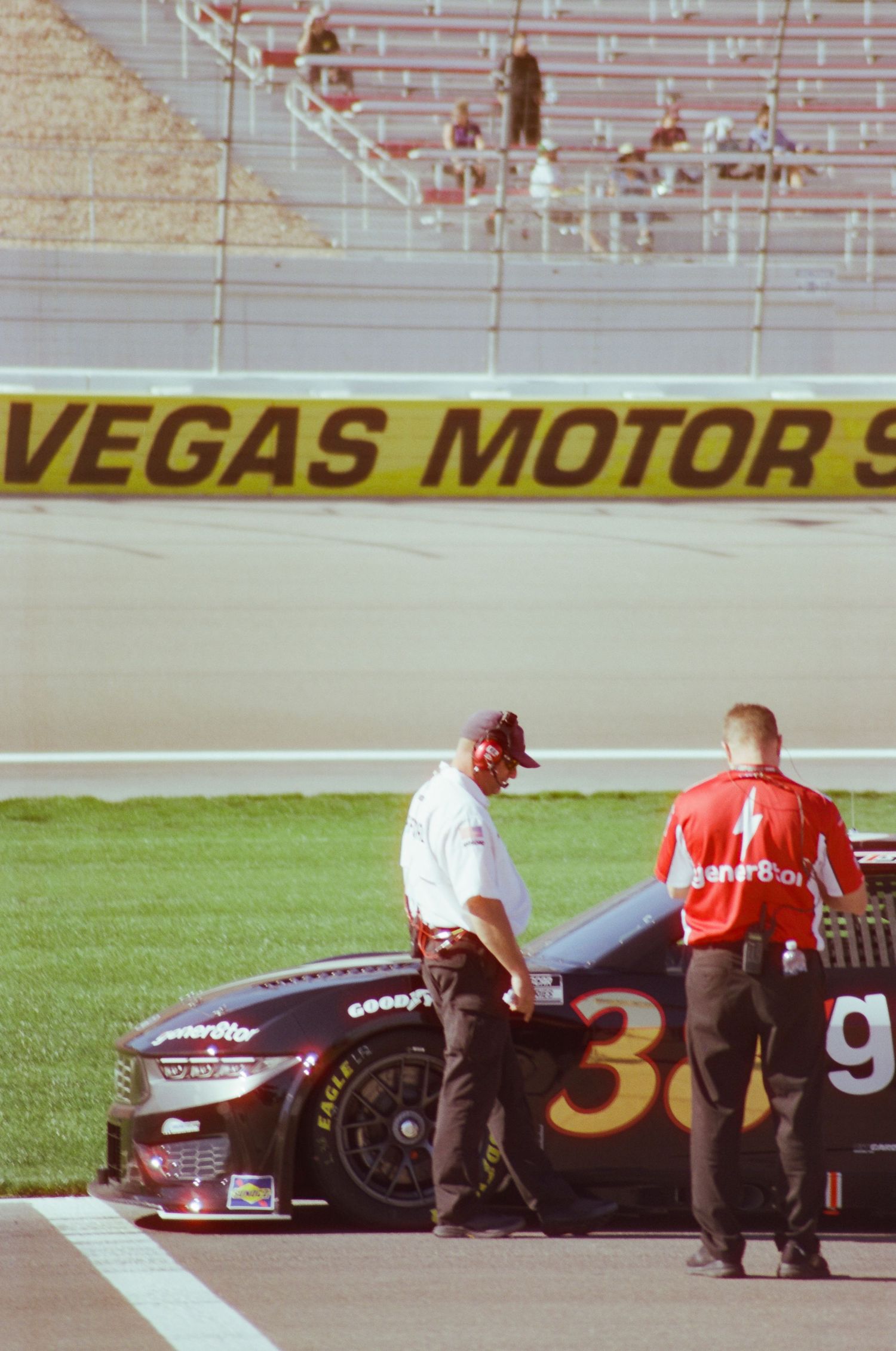 A 35mm film photo from a NASCAR race at Las Vegas Motor Speedway in 2024.