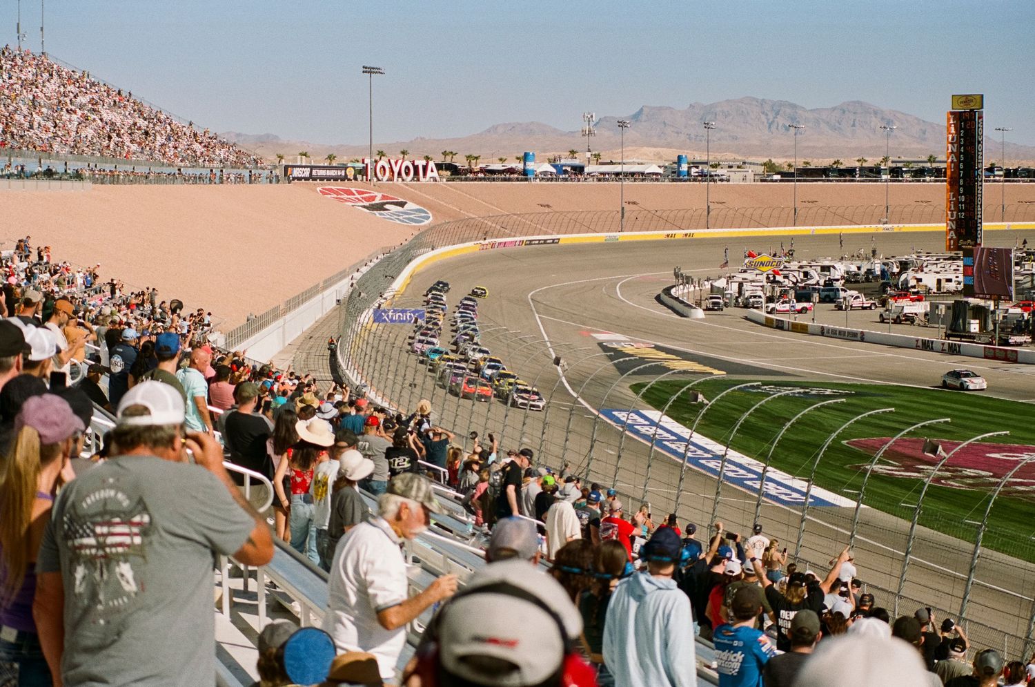 A 35mm film photo from a NASCAR race at Las Vegas Motor Speedway in 2024.