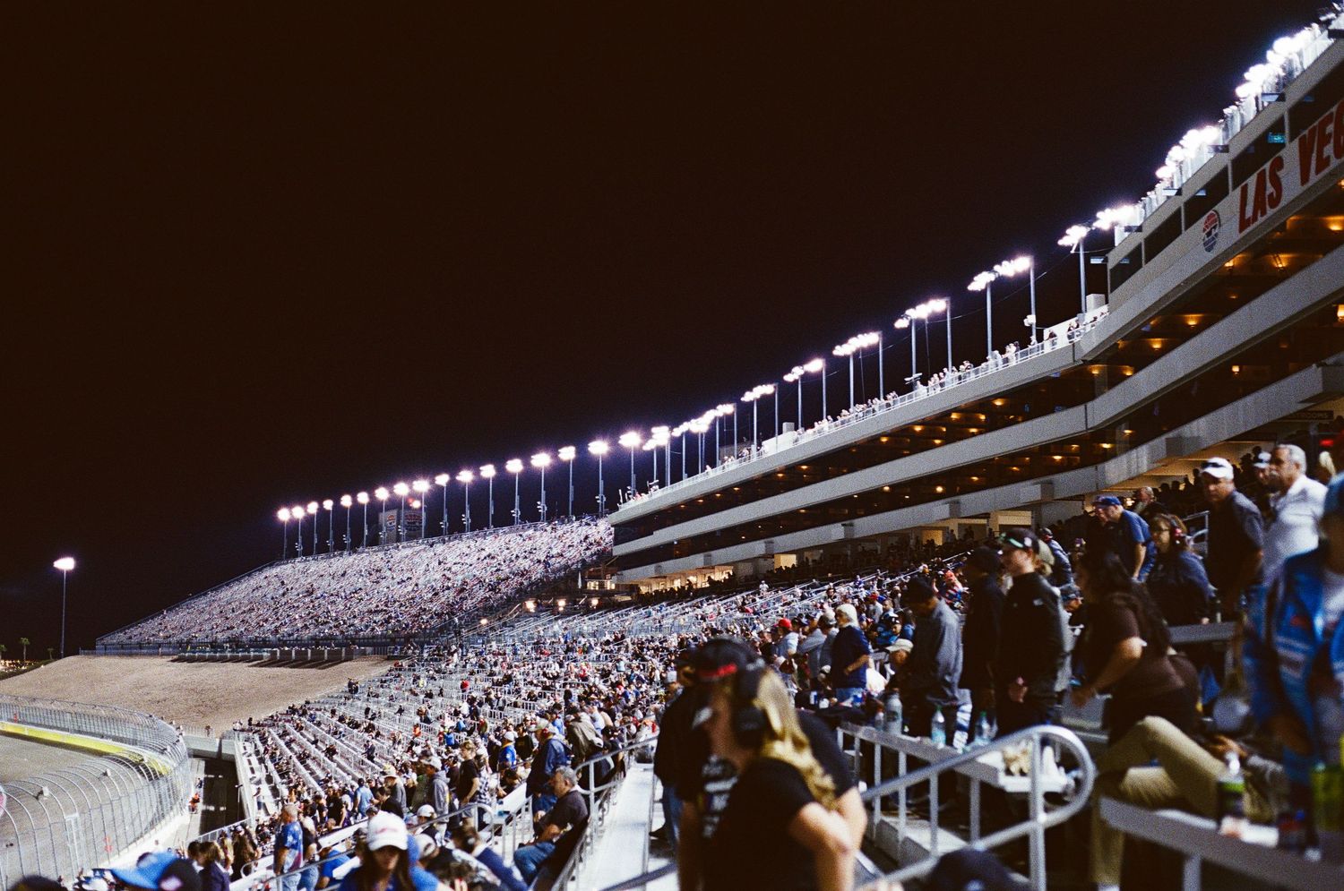 A 35mm film photo from a NASCAR race at Las Vegas Motor Speedway in 2024.