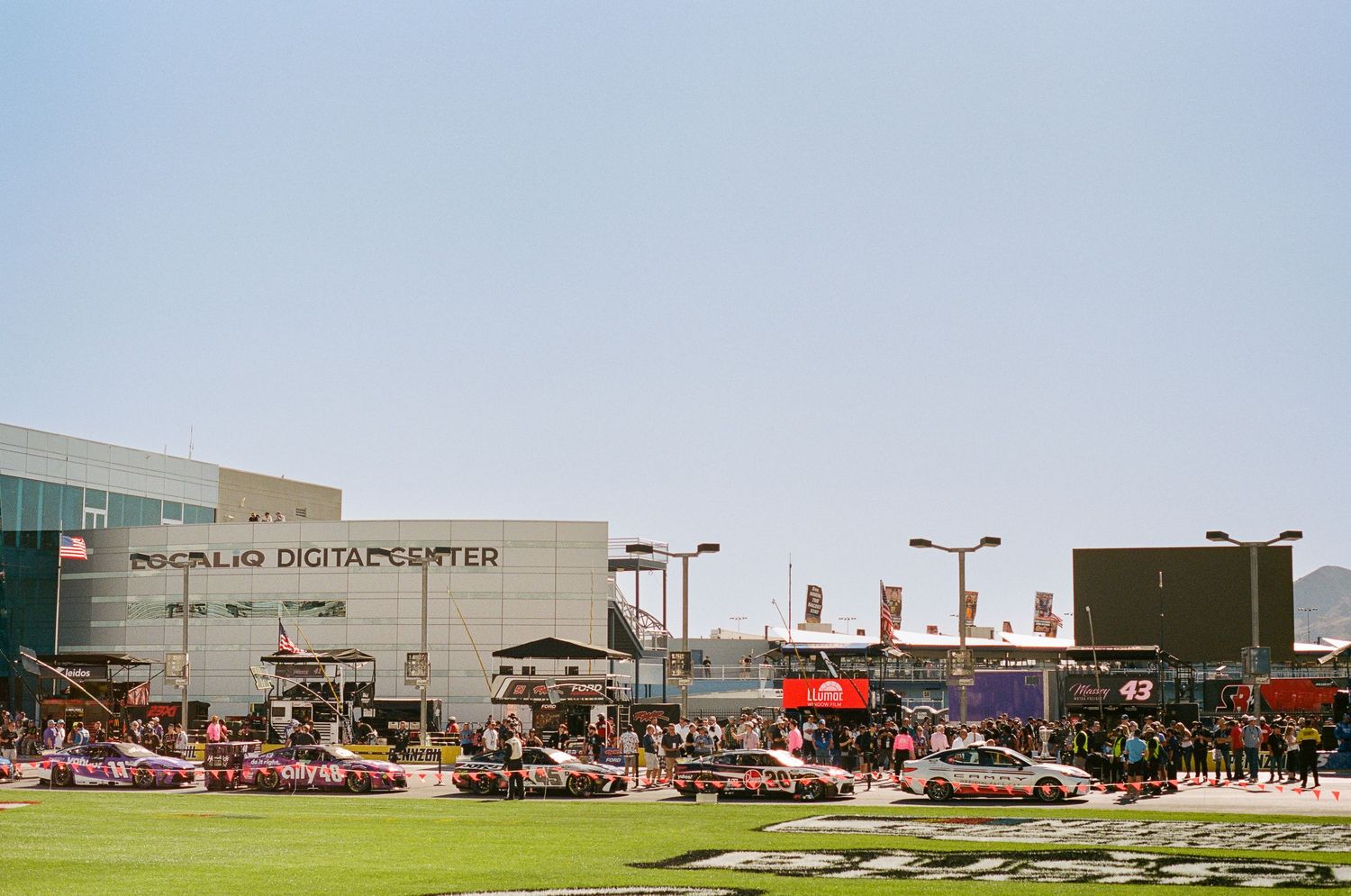 A 35mm film photo from a NASCAR race at Las Vegas Motor Speedway in 2024.