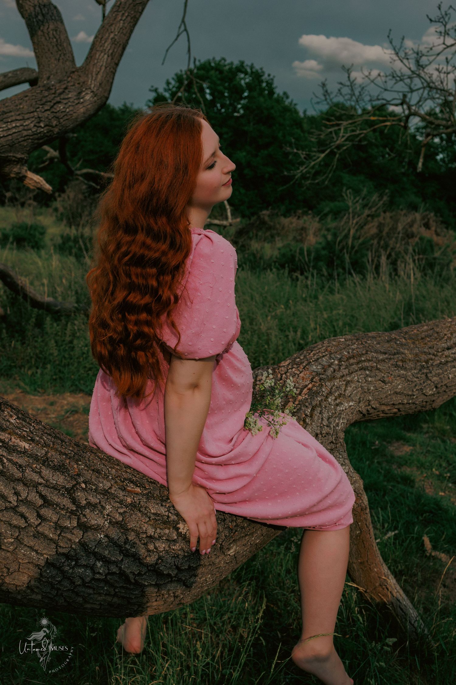 Empowerment boudoir maternity photoshoot, radiant pregnant woman sat on a treeing a pink, dress, natural light, thetford, untamed muses