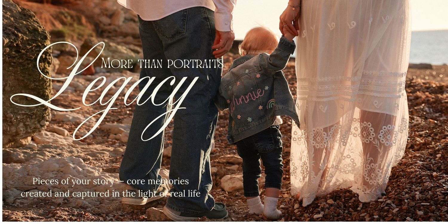 Banner showcasing detail from maternity family portrait in Norfolk coast, parents tenderly holding toddler hands as they walk into away
