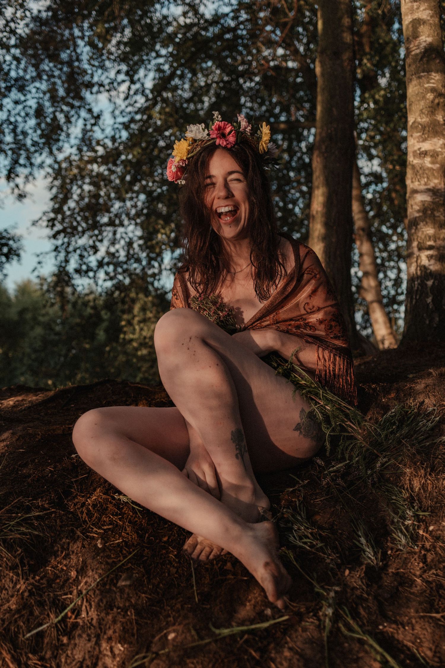 Natural light, empowerment boudoir, wild in nature, divine feminine, woman laughing , grounded, free, colour, Norfolk by female gaze