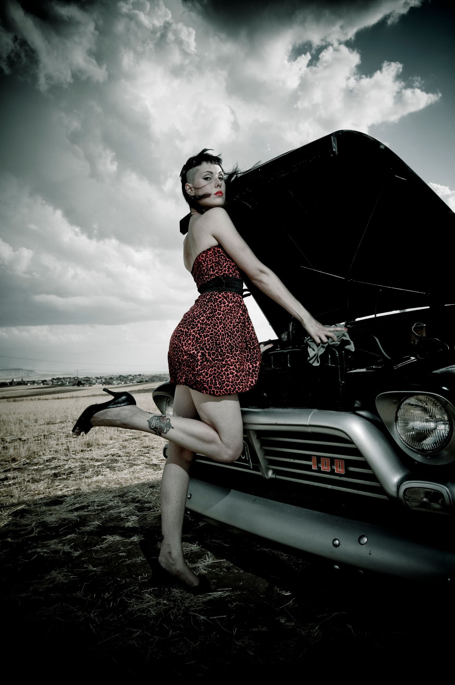 cinematic, Empowerment  portrait session of woman with a classic car, modern pin up , Norfolk
