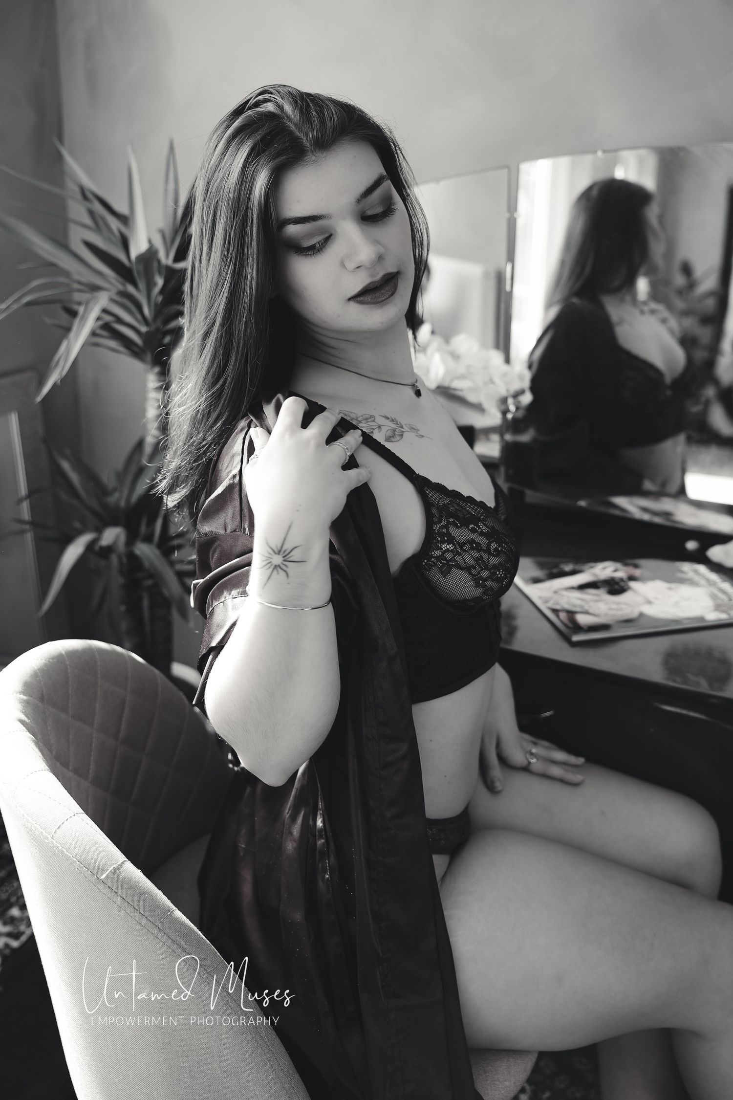 Monochrome portrait from an empowerment boudoir photography session in our intimate studio in Thetford, Untamed Muses