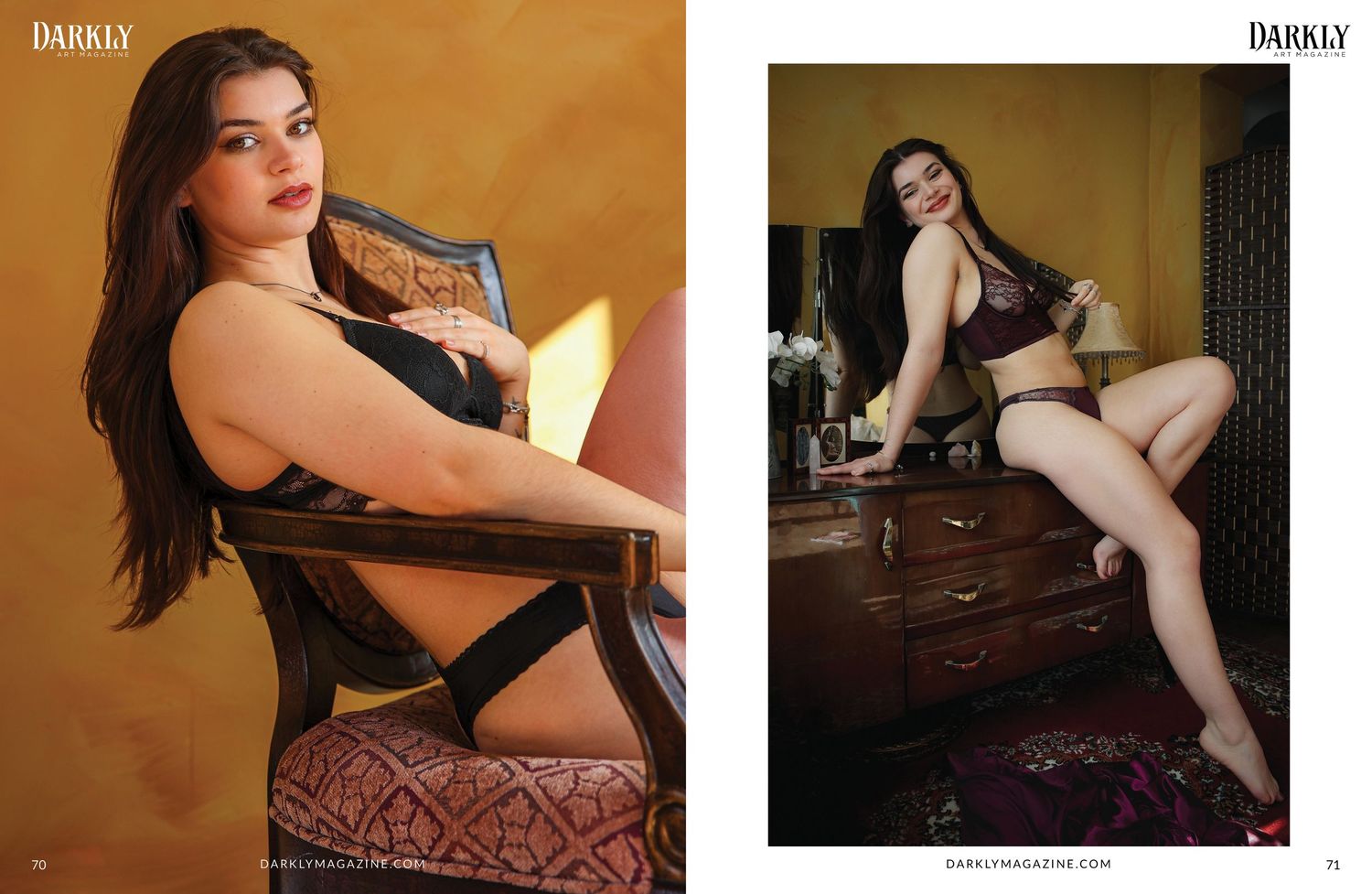 Darkly Art Magazine issue 569. Ochre & Lace a triple spread feature of Untamed Muses , empowerment boudoir photography in Norfolk, UK