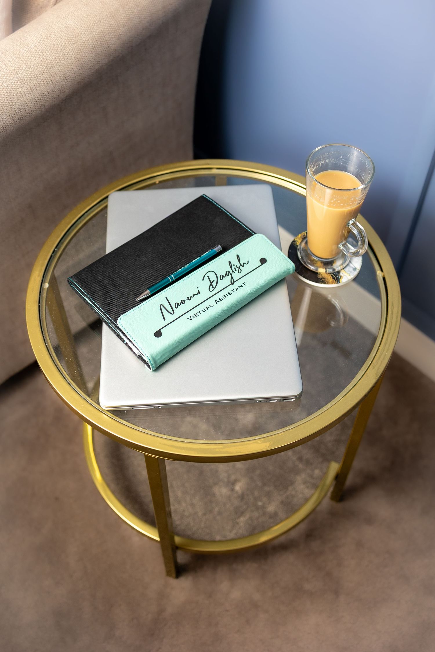 Detail from personal branding photoshoot for Naomi Daglish in Bury st Edmunds , Virtual assistant , coffee and diary on a glass table