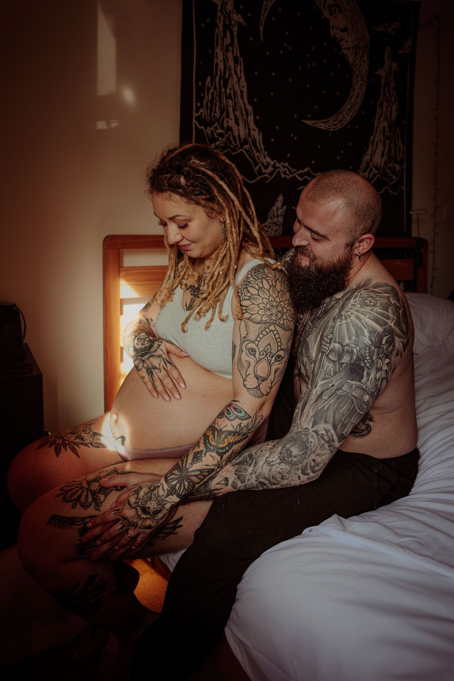 Tattooed Maternity photography at home, intimate, emotive session based in connection and authenticity, In Suffolk and Norfolk,