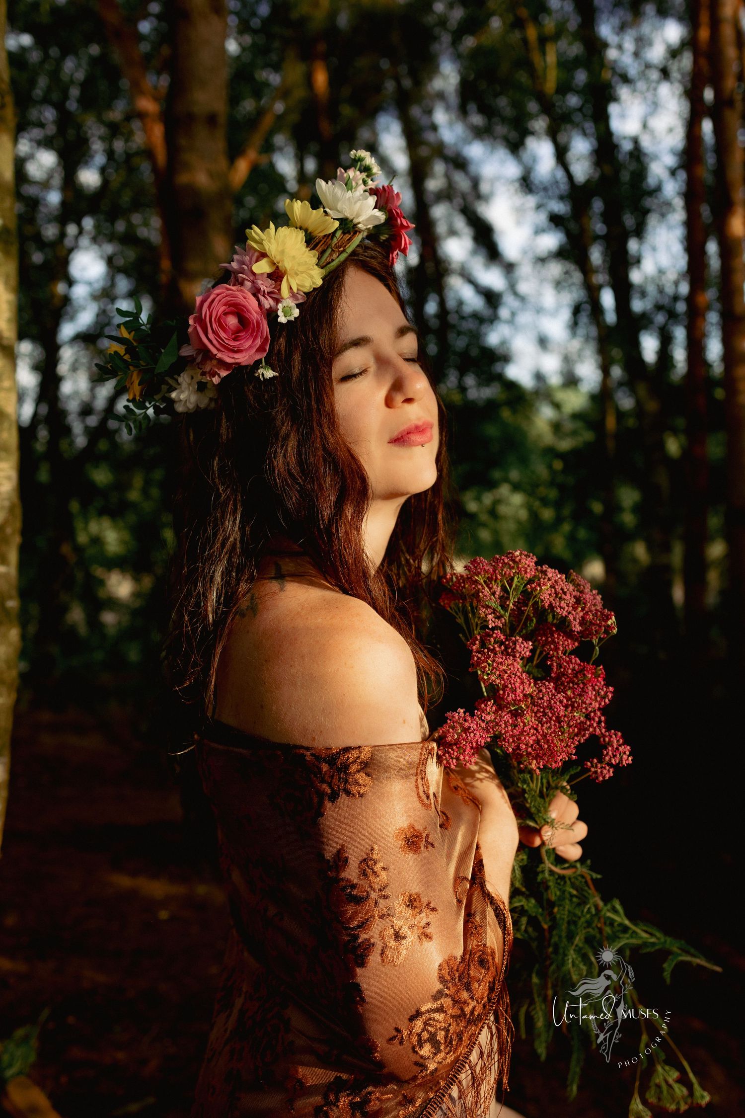 Natural light, colour, empowerment boudoir, wild in nature, divine feminine, flowers, sun on face, female gaze of Untamed Muses