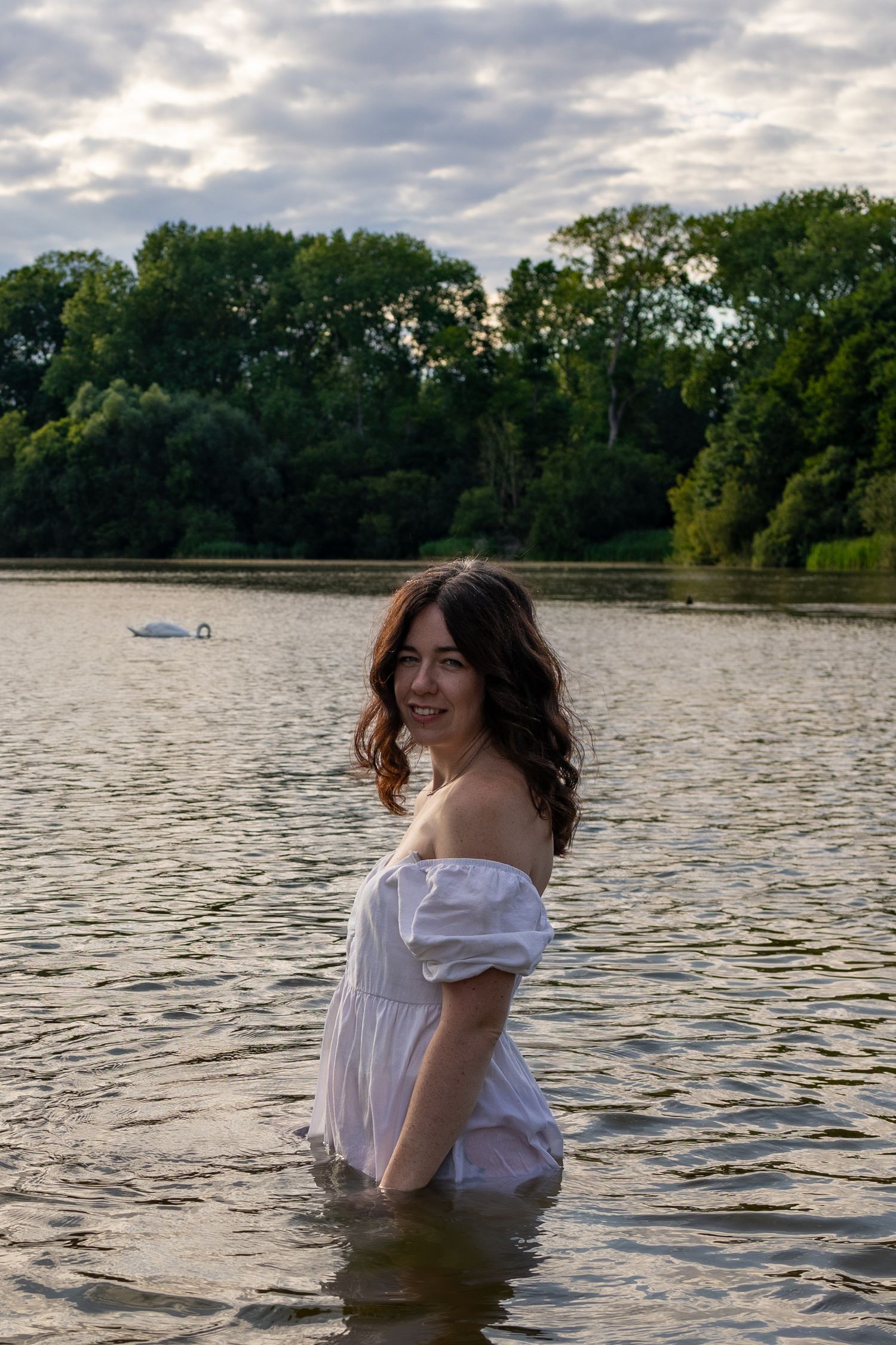 Natural light, colour, empowerment boudoir, wild in nature, divine feminine, beautiful, smiling woman in white dress, Norfolk lake