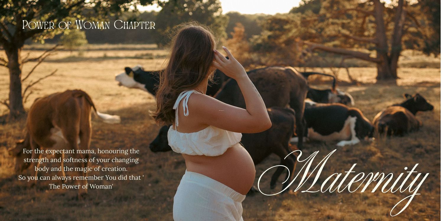Portrait during an outdoors maternity photoshoot in the Brecks , with cattle in the background, stunning editorial portraiture