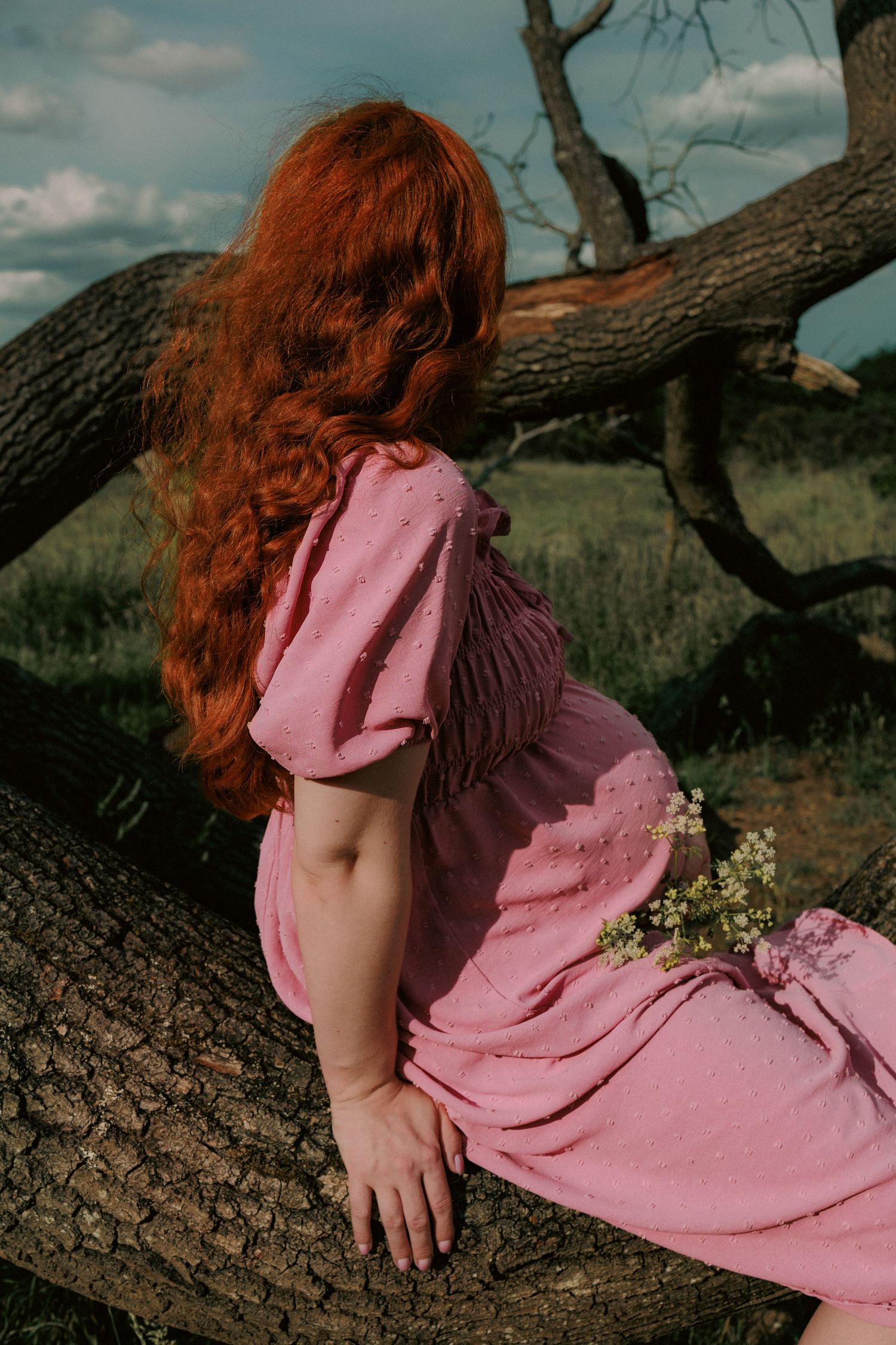 Portrait of redhead pregnant women sitting on tree, during her empowerment maternity photoshoot in nature capture by Untamed muses