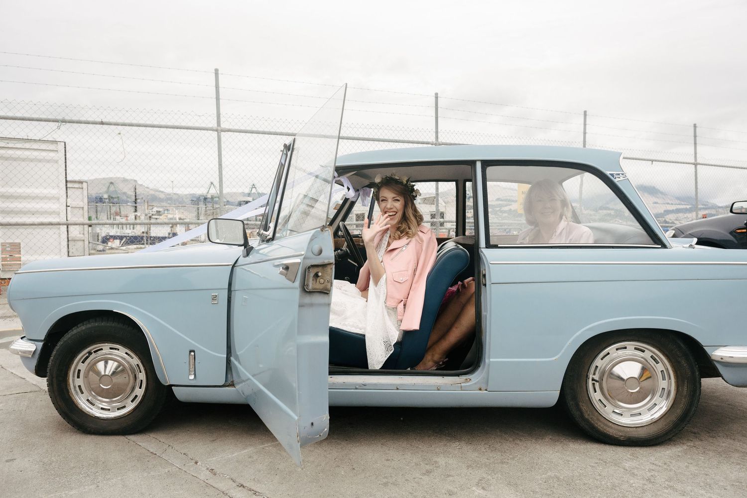 Getting out of car before a Quail Island wedding ceremony.
