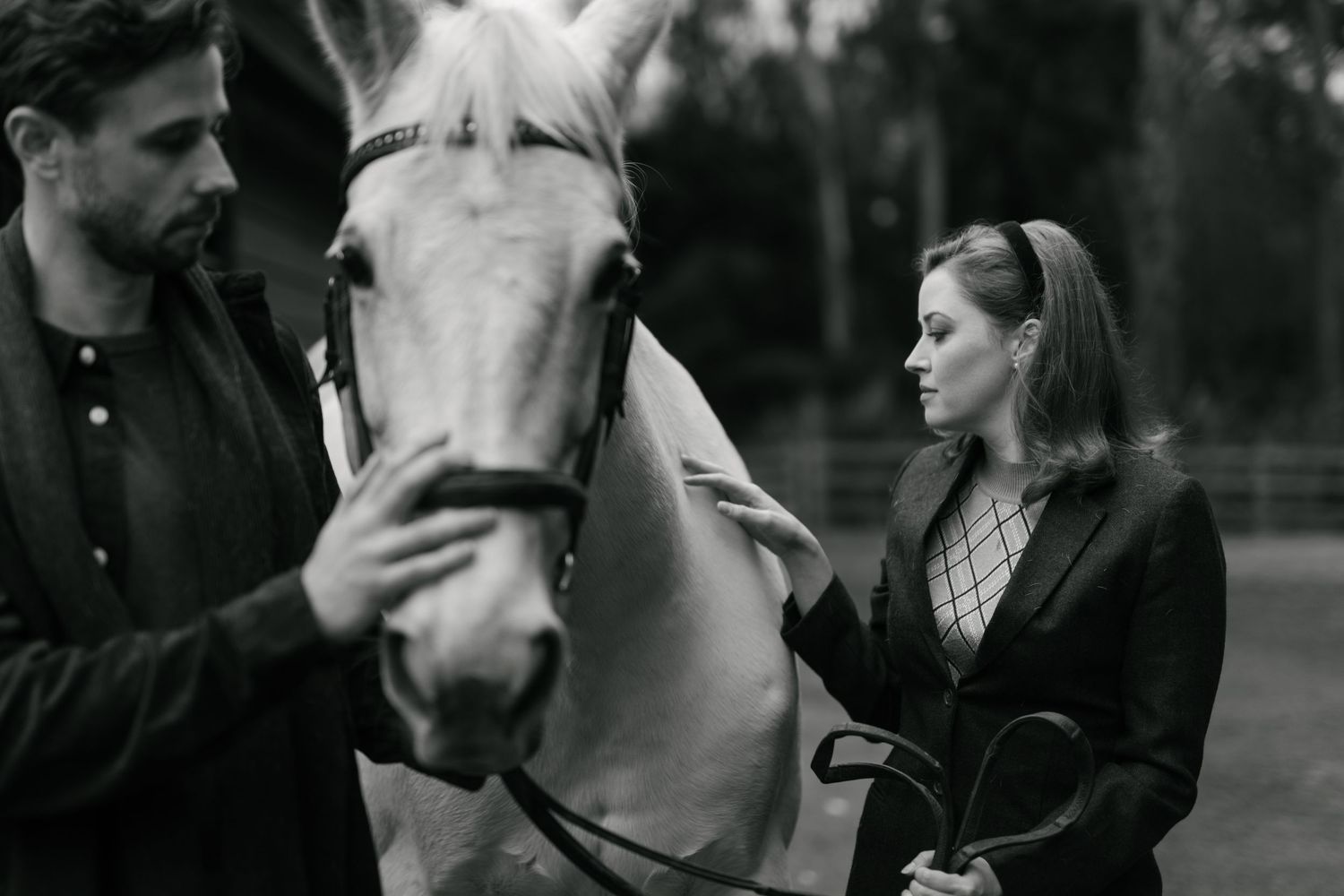 90s Ralph Lauren themed engagement shoot shot in Ohoka, New Zealand with a horse