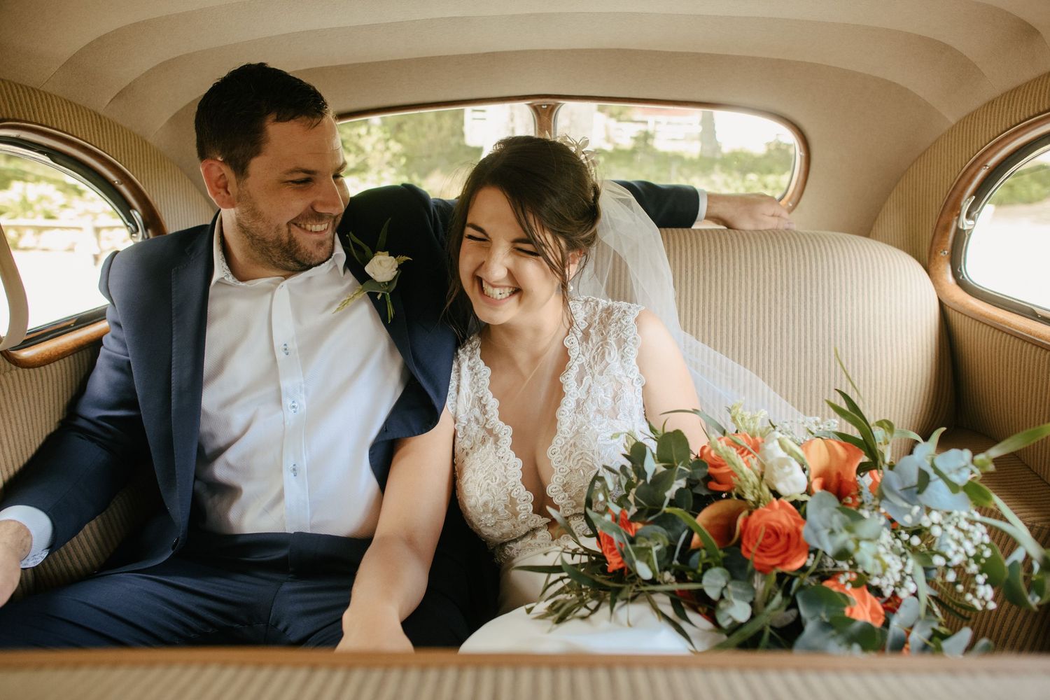 Couple in wedding car, Chch